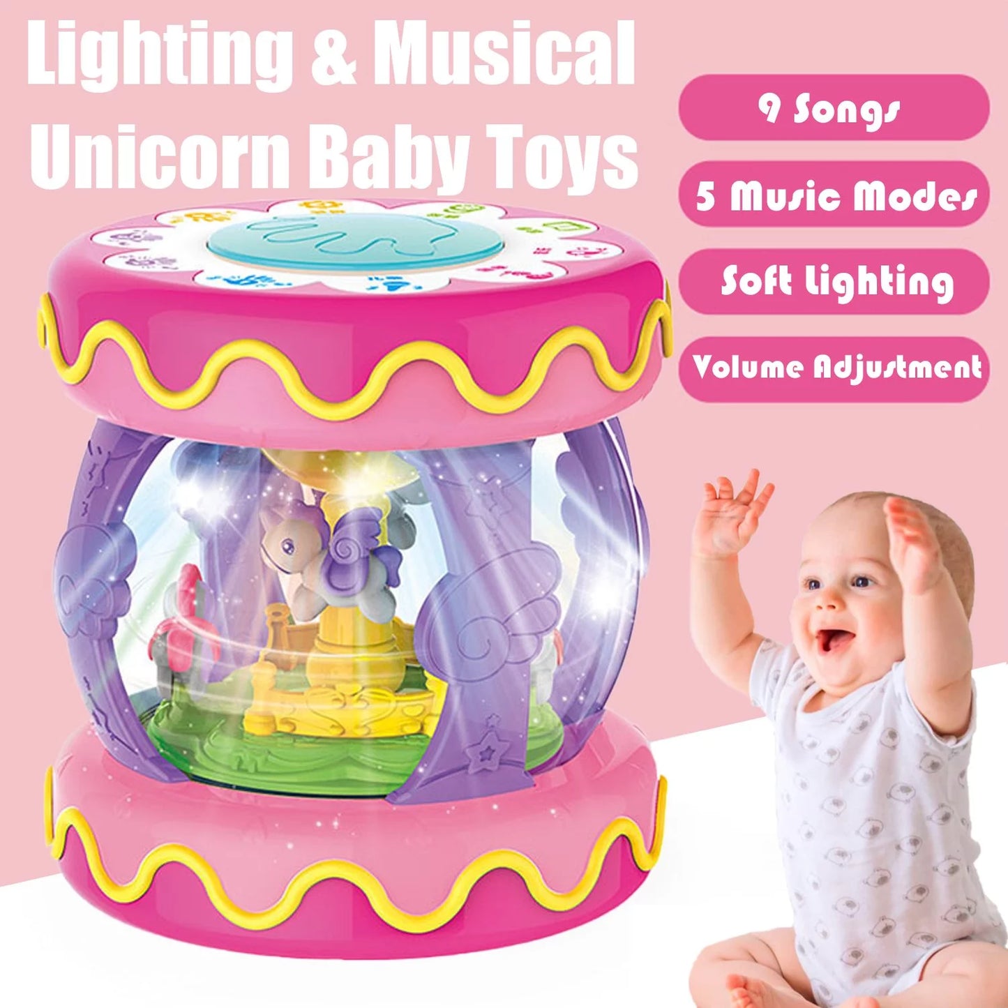 Toys for 1 year old girls, baby toys 6-12 months, rotating light up musical drum toys gift for toddler 1 year old