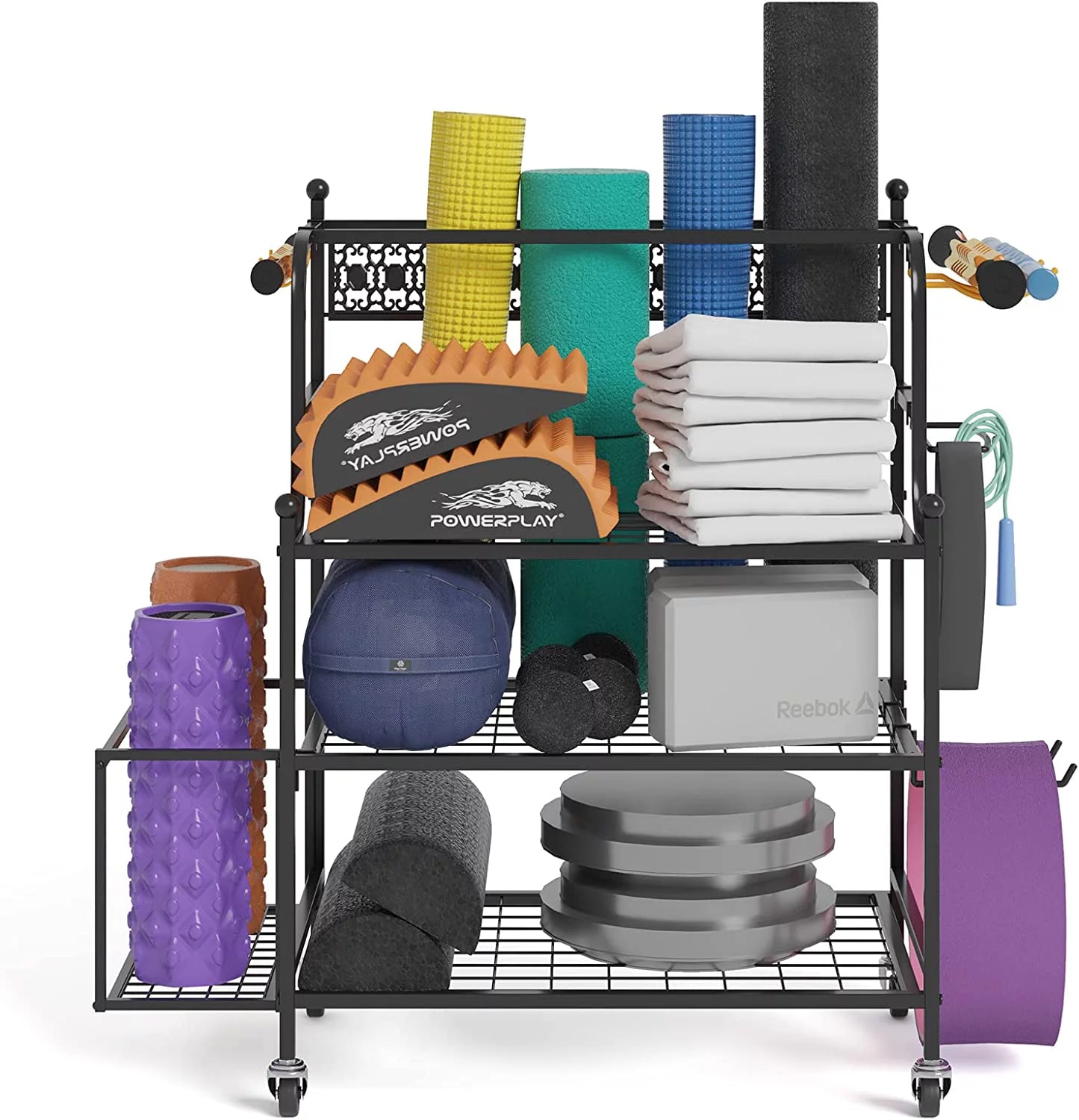 Y&m yoga mat storage racks, home gym storage rack for organizing kettlebells dumbbells foam roller, all-in-one workout equipment storage organizer with hooks and wheels, yoga strap and resistance band