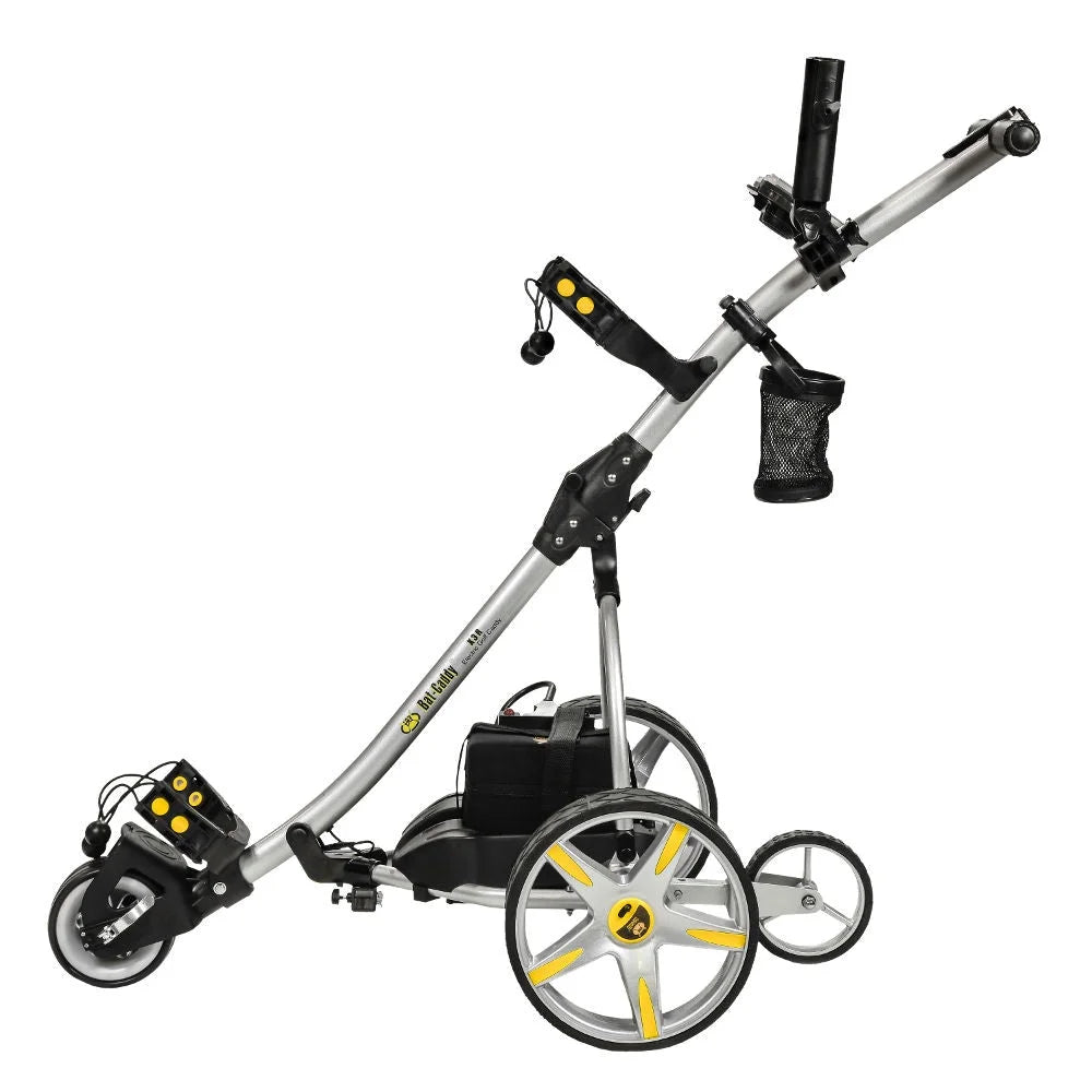 Batcaddy x3r sealed lead 18-hole battery powered golf push cart with remote, dual motor, 9-speeds and reverse, cruise control, anti-tip wheel, and downhill control, titanium silver