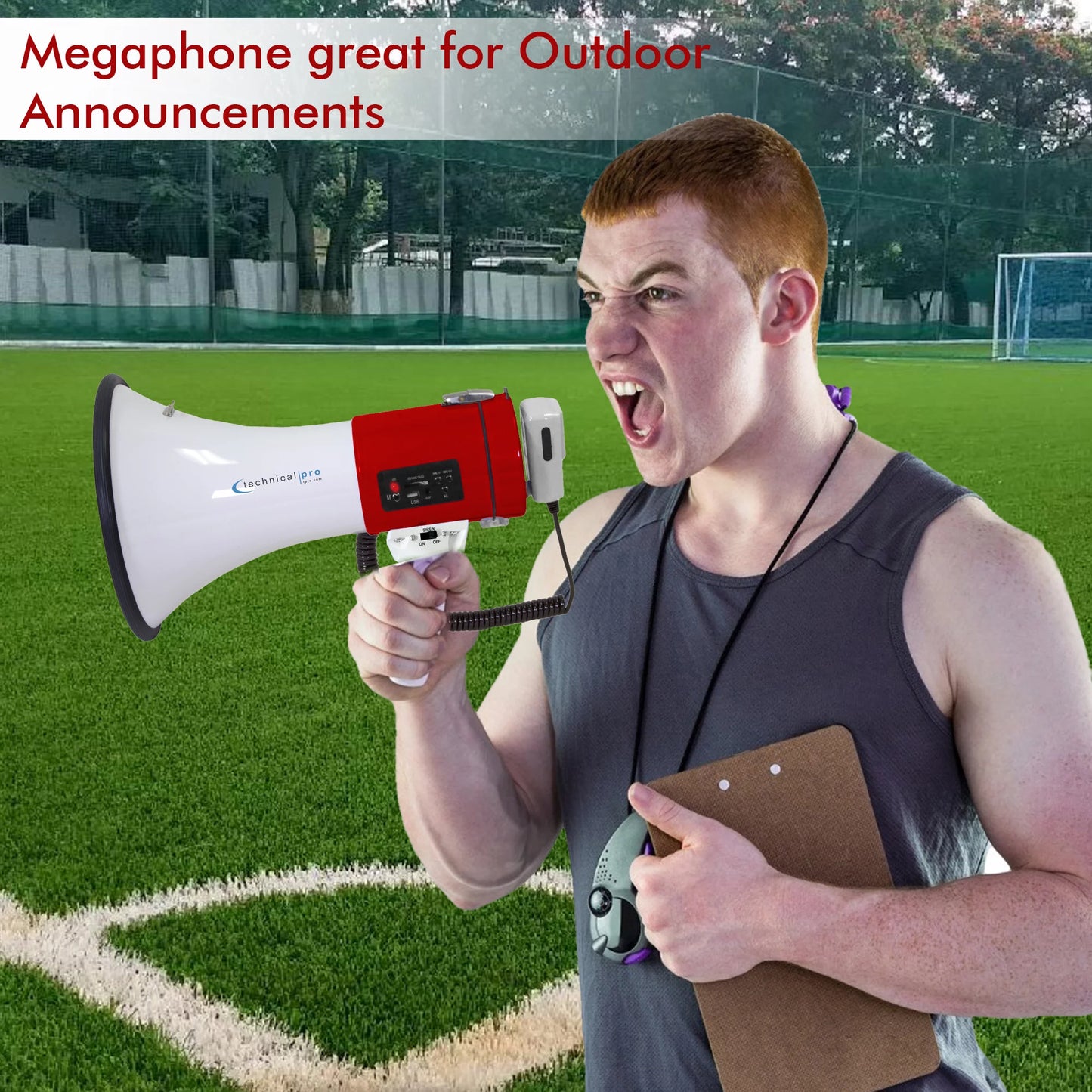 Technical pro red megaphone 75-watt siren bullhorn - bullhorn speaker w/detachable microphone, portable lightweight strap detachable pa - professional outdoor voice for police and cheer leading