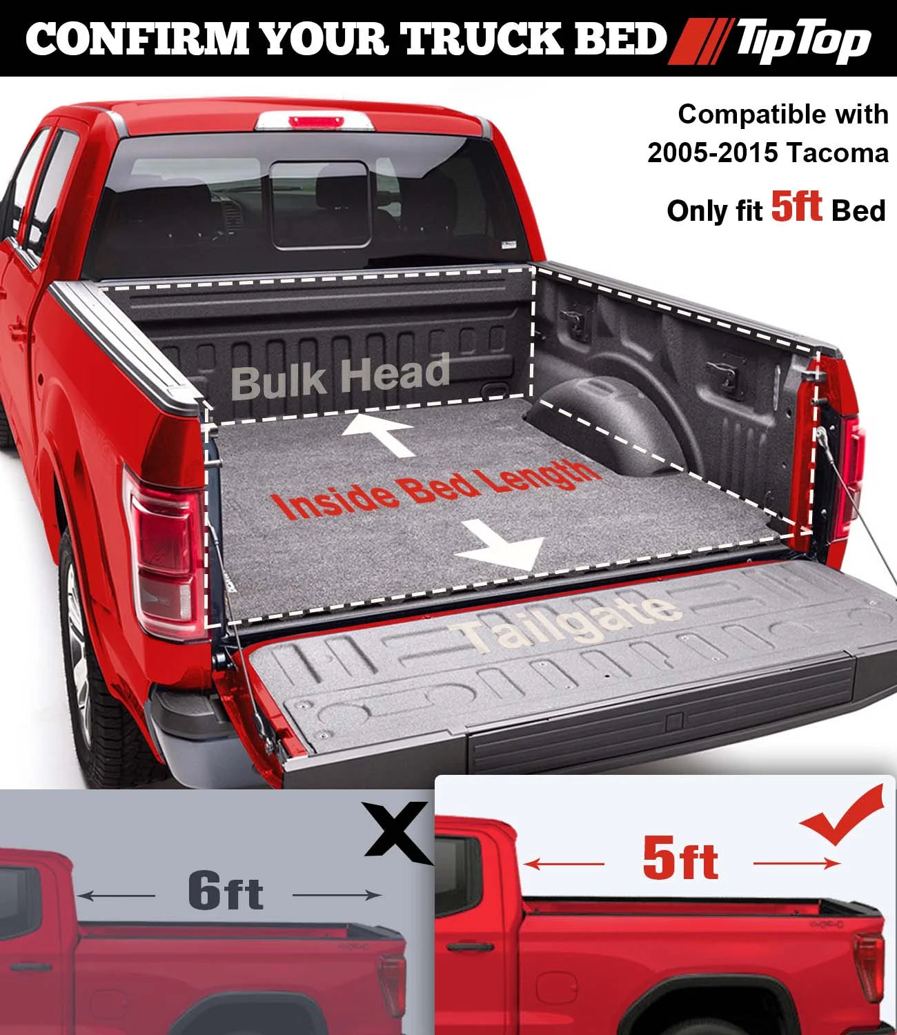 Tiptop tri-fold hard tonneau cover truck bed frp on top for 2005-2015 tacoma 5ft bed (60.3") | tpm3 |for models with or without the deck rail system|