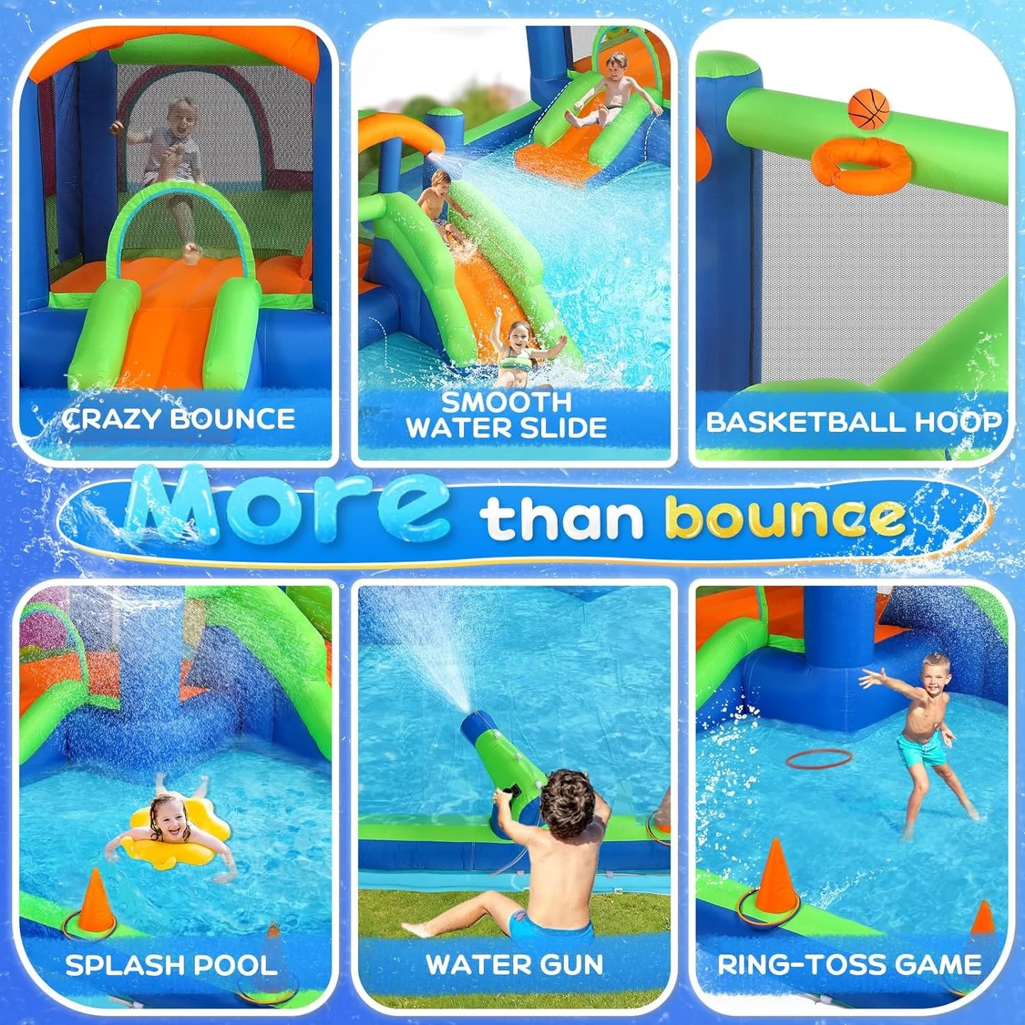 (2024 new) joymor inflatable water slide bounce house for kid 3-6, inflatable water slide w/basketball hoop, water cannon, ring-toss game, inflatable water bounce house w/slides, air blower