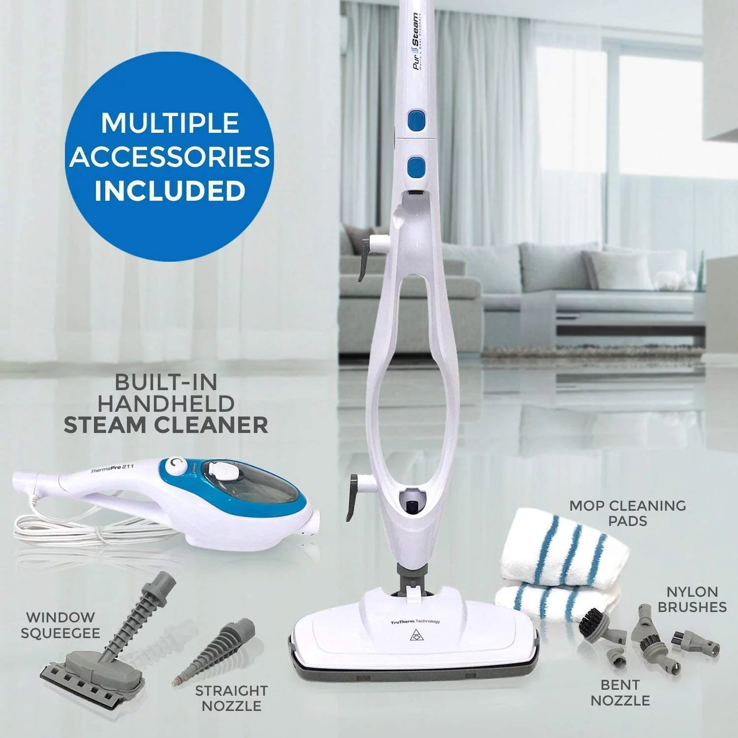 Steam mop cleaner 10-in-1 with convenient detachable handheld unit use on laminate, carpet