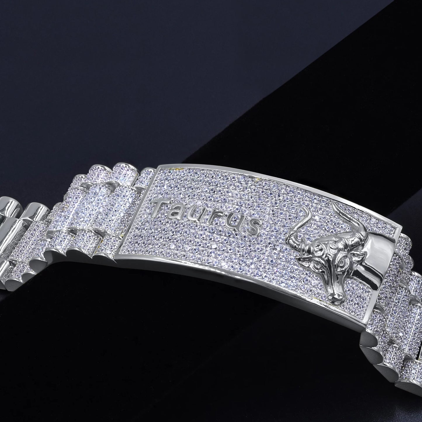 Zodiac sign taurus bull 14k white gold finish simulated diamond mens bracelet 8.5''