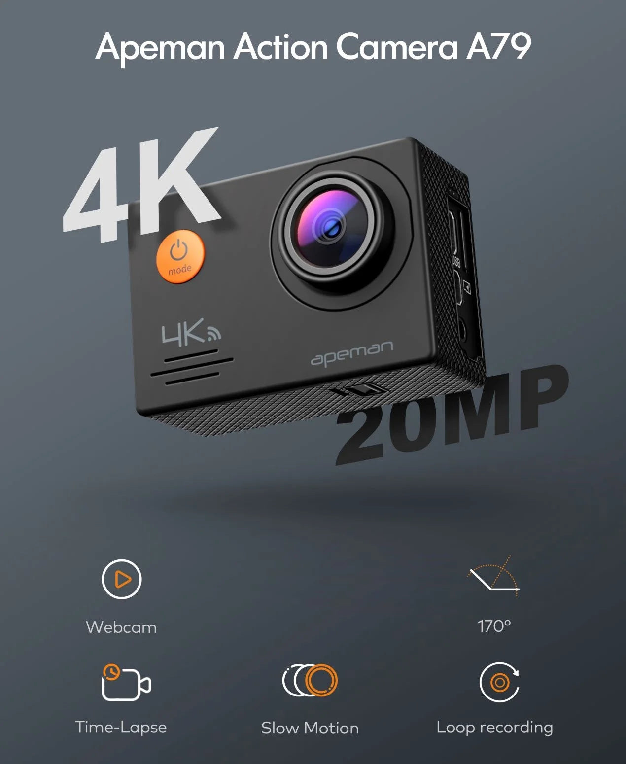 Apeman a79 action camera 4k 20mp wifi external microphone 2.4g remote control