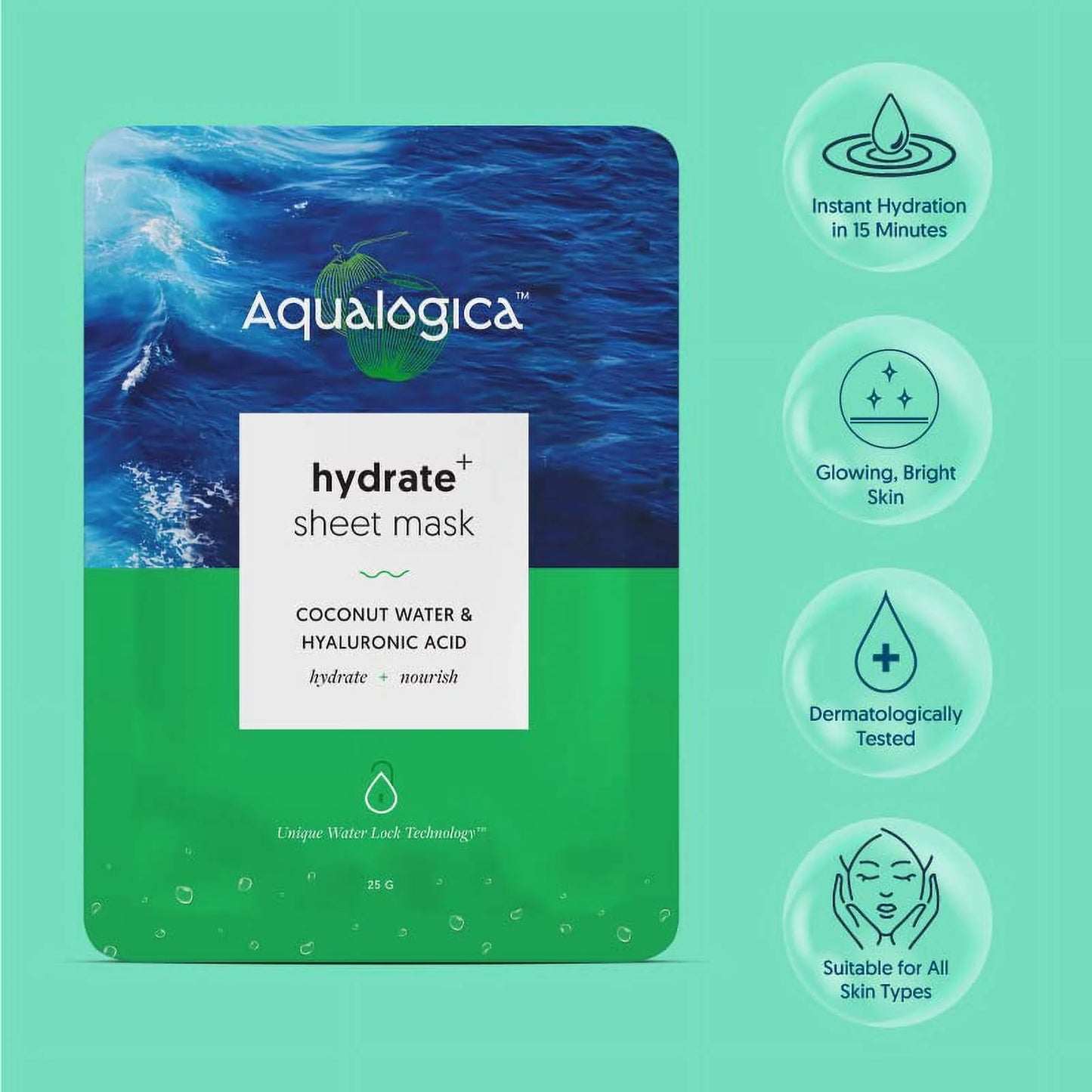 Aqualogica hydrate+ sheet mask for hydrated, radiant & glowing skin with coconut water & hyaluronic acid, 25 ml, pack of 2