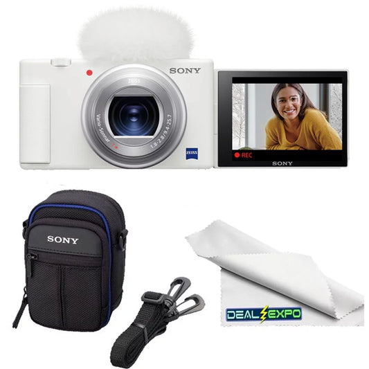 Sony zv-1 compact digital vlogging 4k camera (white) for content creators & vloggers + sony lcs-csj soft carrying case +expo-cloth