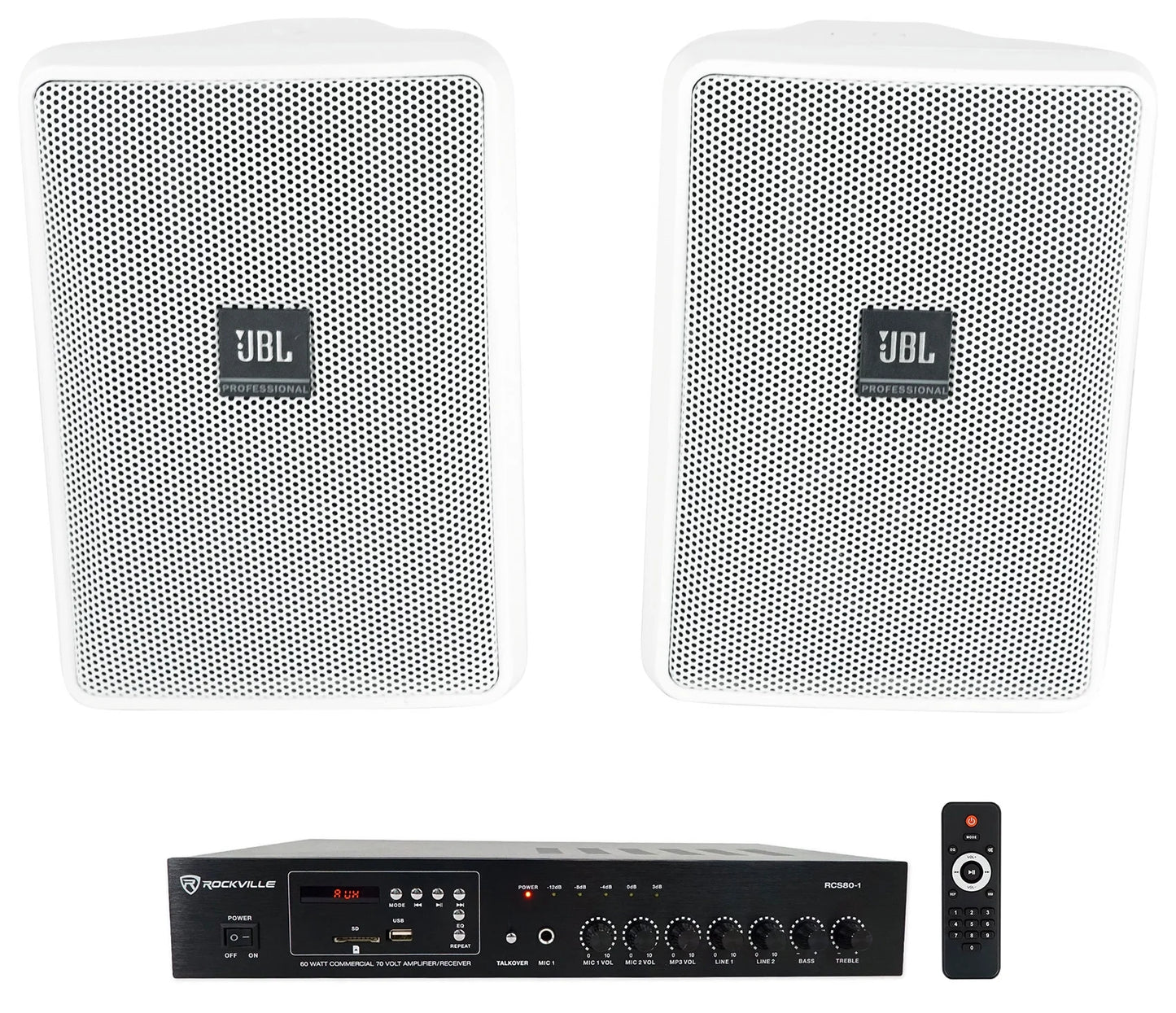 (2) jbl control 23-1 white 3" indoor/outdoor 70v commercial wall speakers + amp