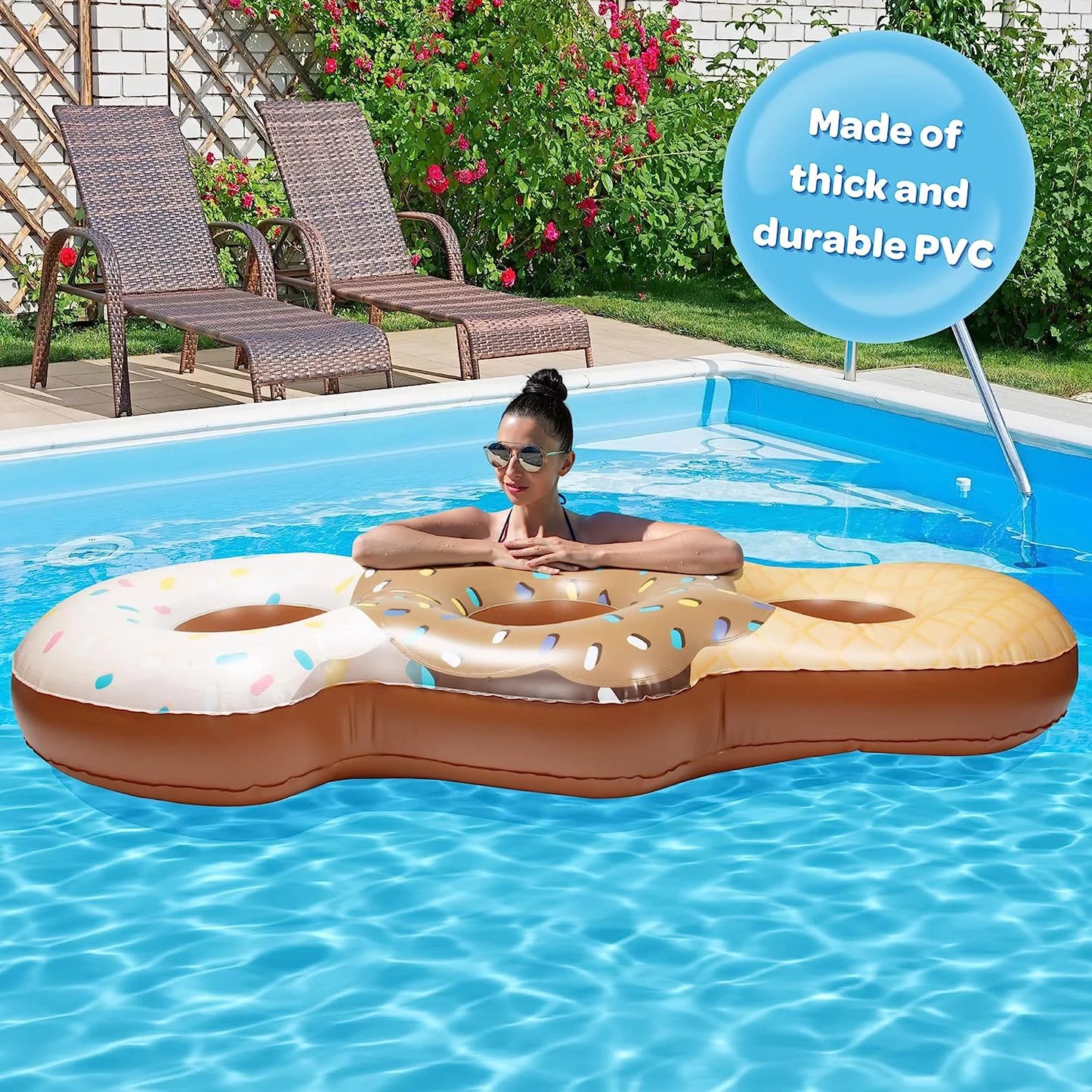 Aquamazing ice cream cone giant inflatable xl swimming pool float tube for kids, adults- huge 7 ft long - mesh sections seats 3 people - perfect for summer