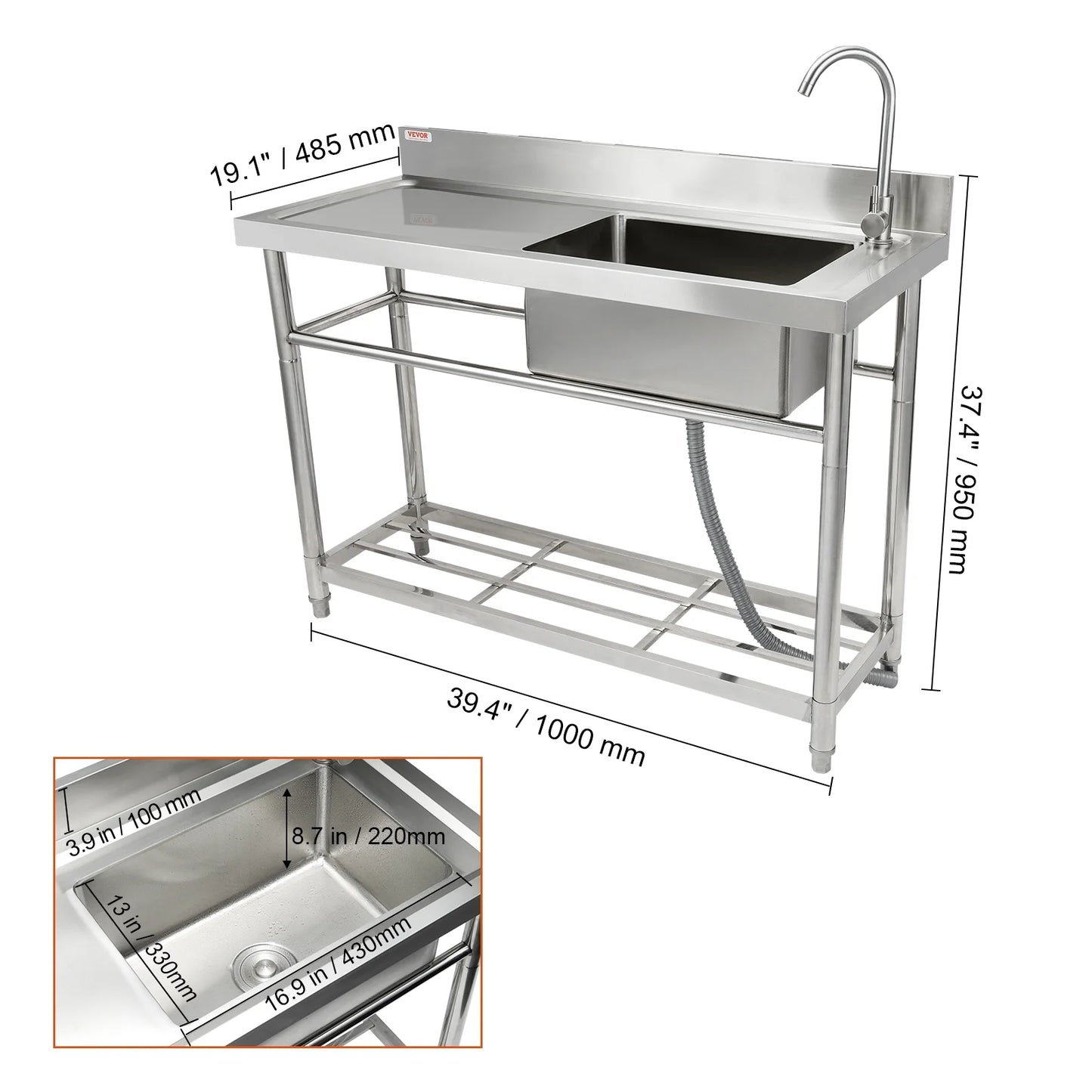 Bentism commercial utility & prep sink single bowl w/workbench 39.4 x 19.1 x 37.4 in