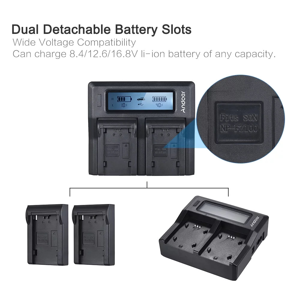 Andoer np-fz100 dual channel lcd battery replacement for sony a7iii a9 a7riii a7siii