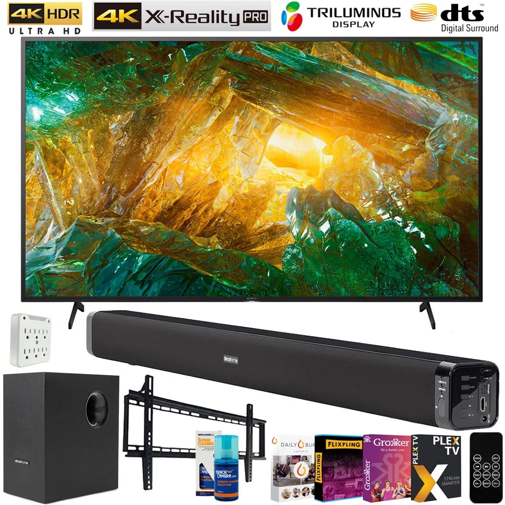 Sony xbr43x800h 43-inch x800h 4k uhd led smart tv (2020) bundle with deco gear 60w soundbar with subwoofer, wall mount, 6-outlet surge adapter, screen cleaner and tv essentials 2020