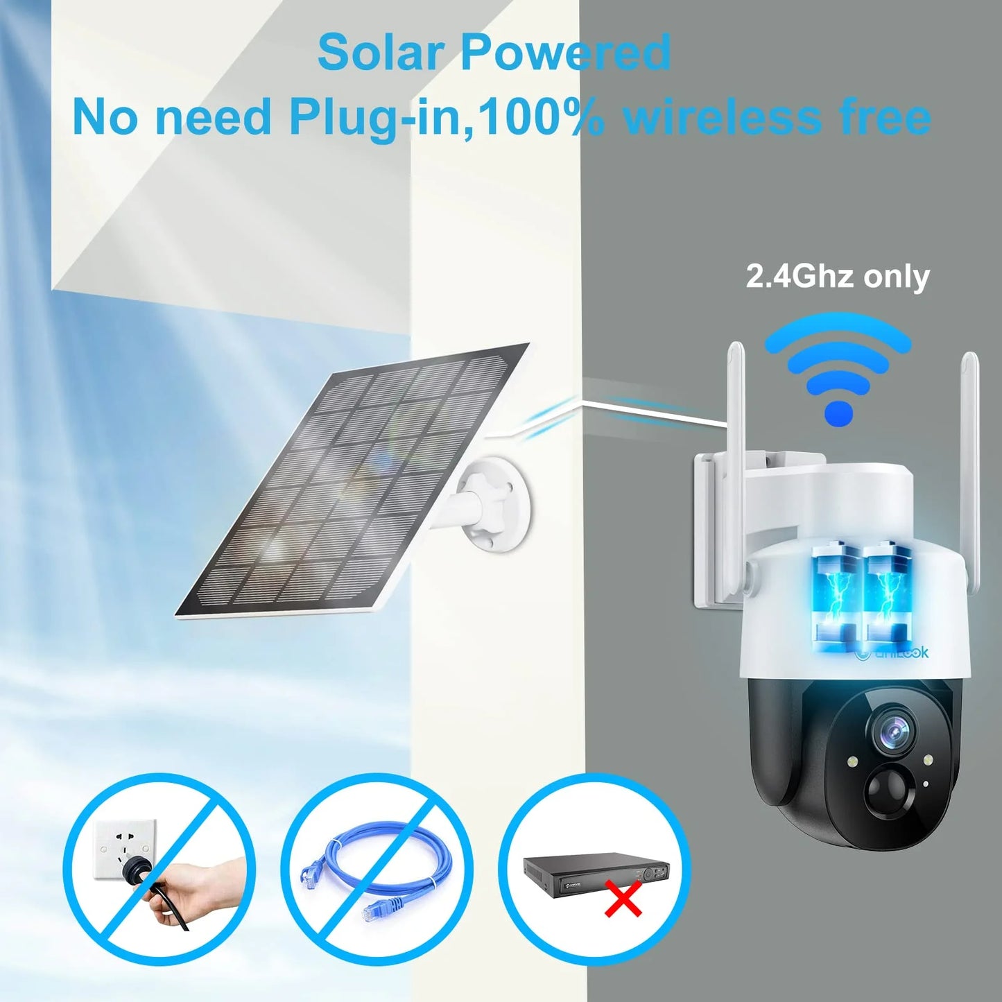 Unilook solar security wifi camera outdoor, 2k wireless battery ptz camera, ip65 waterproof rechargeable works with alexa