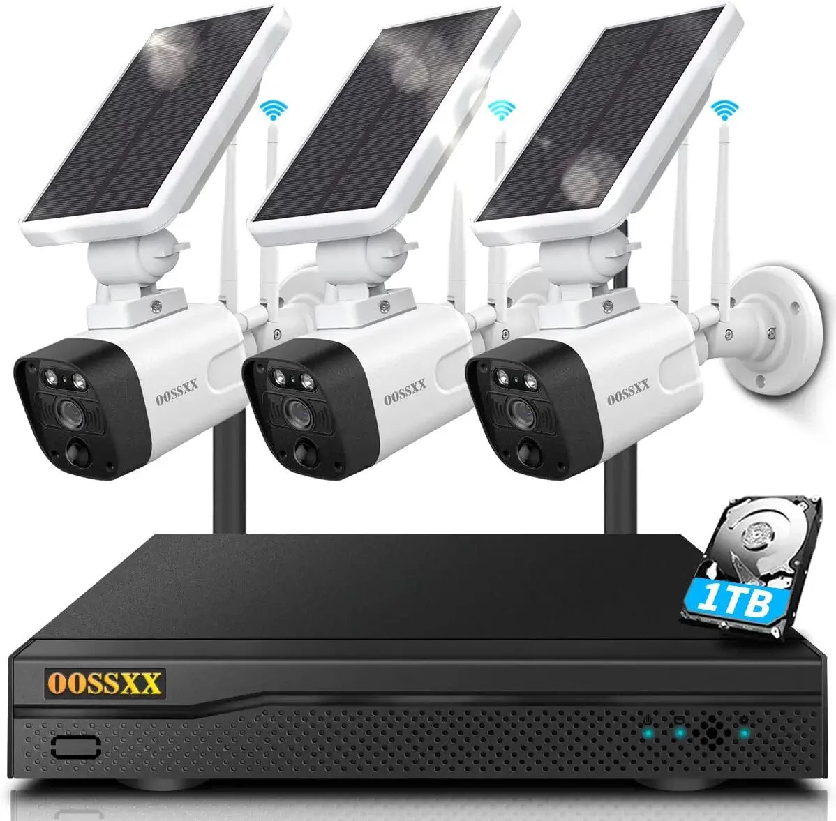 {100% wireless solar security camera system}, 6pcs 2k 3.0mp solar cameras with 8-channel nvr, wire-free home surveillance system, 2tb hard drive pre-installed by oossxx