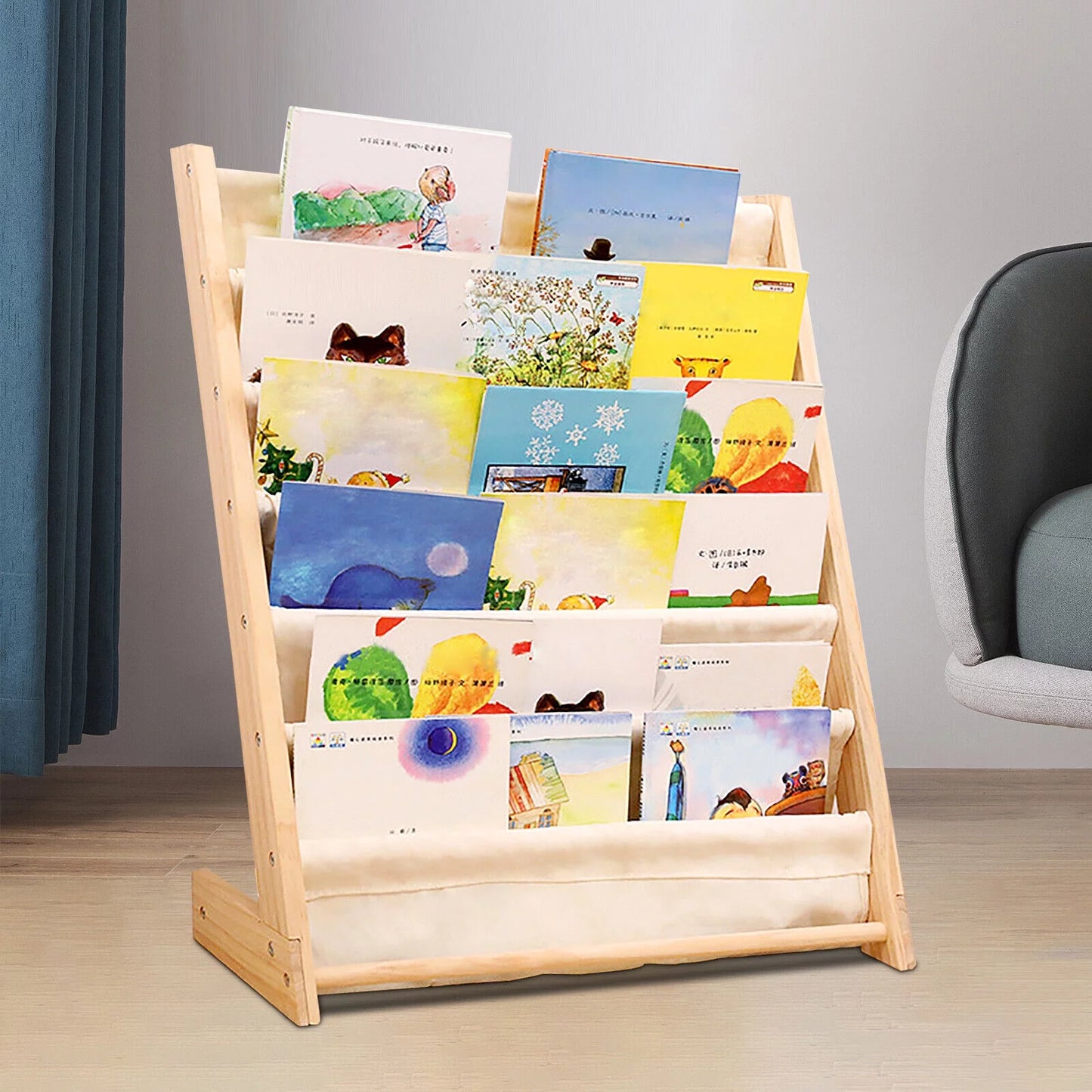 Wooden bookcase children kids book shelf storage rack tidy organizer 6 tiers