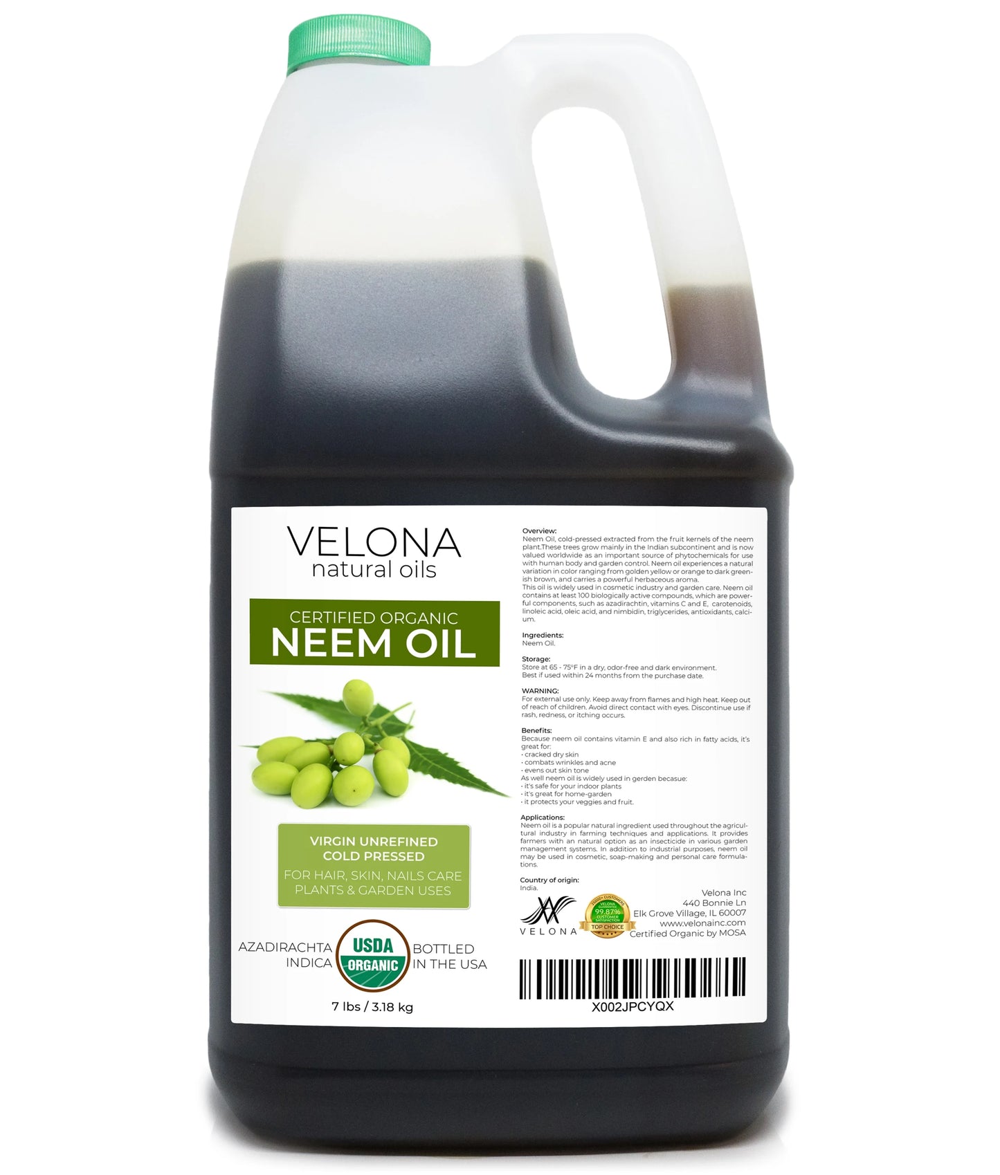 Velona neem oil usda certified organic - 7 lb | 100% pure and natural carrier oil | virgin, unrefined, cold pressed | hair, body and skin care | use today - enjoy results