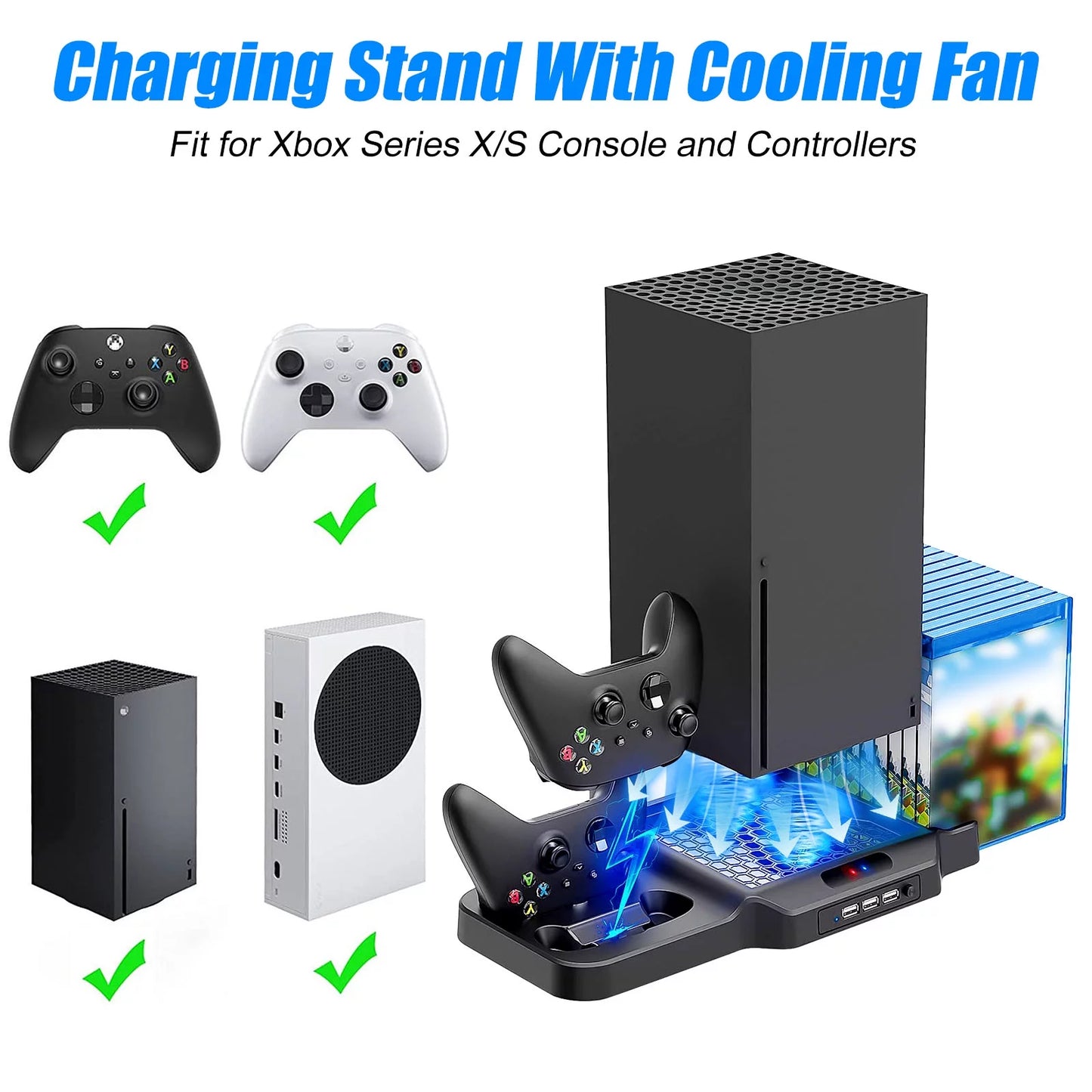 Vertical stand fit for xbox series x/s with 2 cooling fans, eeekit dual controller fast charging dock station fit for xbox series s/x with 3 usb ports, 11 game disc slots