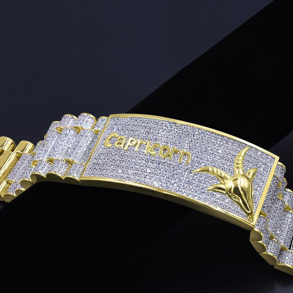 Zodiac sign astrology horoscope capricorn horse 14k gold yellow tone simulated diamond mens bracelet 8.5''