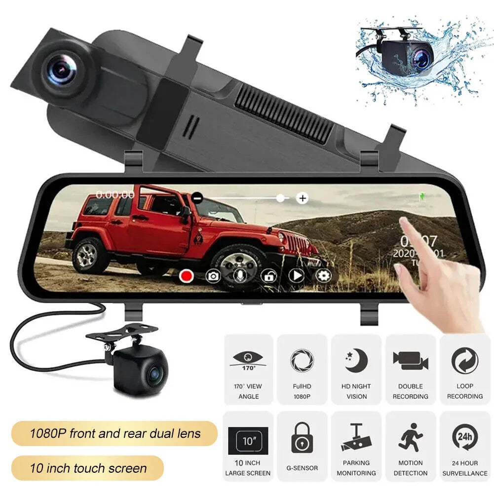 1080p mirror dash cam front rear dual camera 10" ips touch screen 170° wide angle car streaming recorder g-sensor loop recording