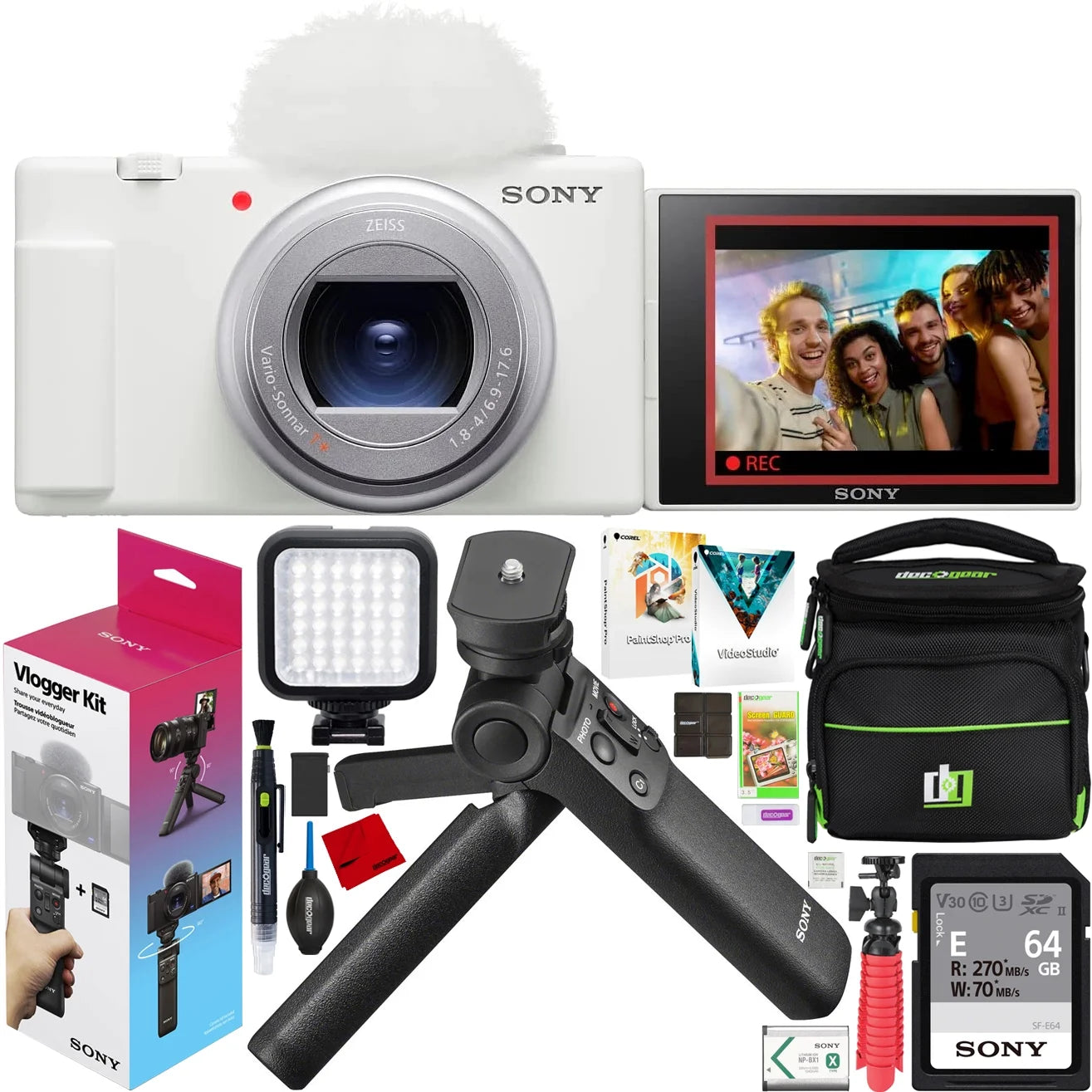 Sony zv-1 ii vlog camera with 4k video & 20.1mp for content creators and vloggers white zv-1m2/w bundle with accvc1 kit including gp-vpt2bt tripod/grip + deco gear case + led +64gb card & accessories