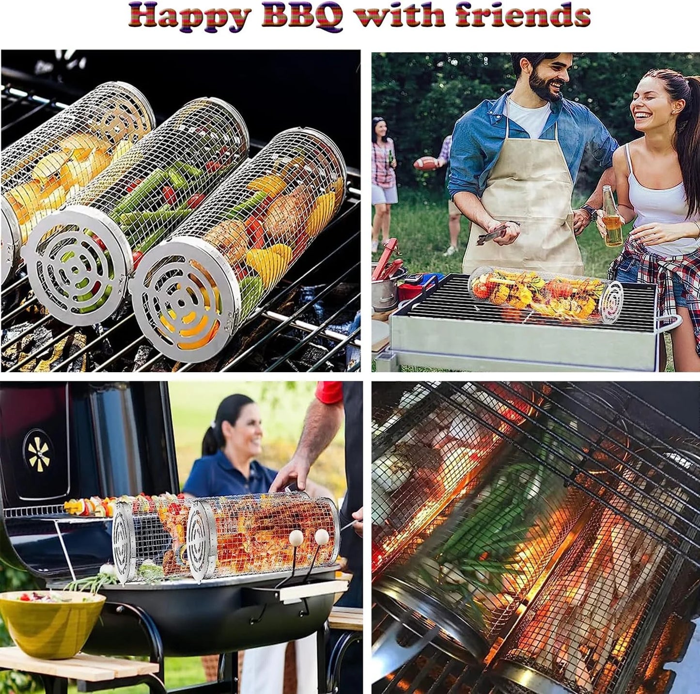 2pc rolling grilling basket，round barbecue bbq grilling basket ，portable outdoor camping bbq rack for fish, shrimp, vegetables, barbeque griller cooking accessories