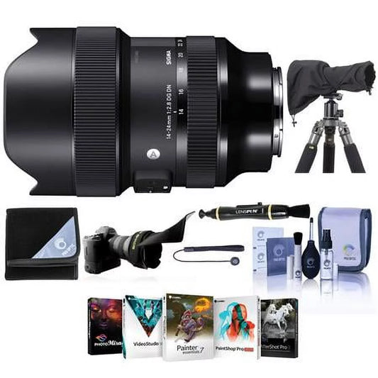 14-24mm f/2.8 dg dn art lens for sony e, bundle with pc software kit, raincoat rain sleeve, cleaning kit, flex lens shade, lens cap tether, lens wrap, lens cleaner