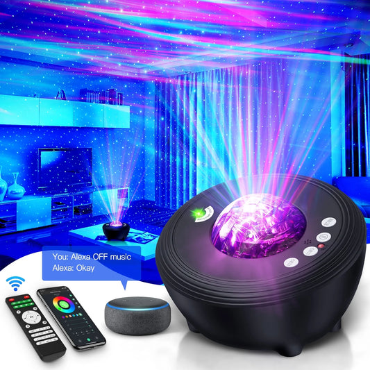 Star projector galaxy night light bluetooth speaker aurora nebula projector for kids with remote & app control, music player, 14 scenes, 8 types white noise, compatible for alexa and google assistant