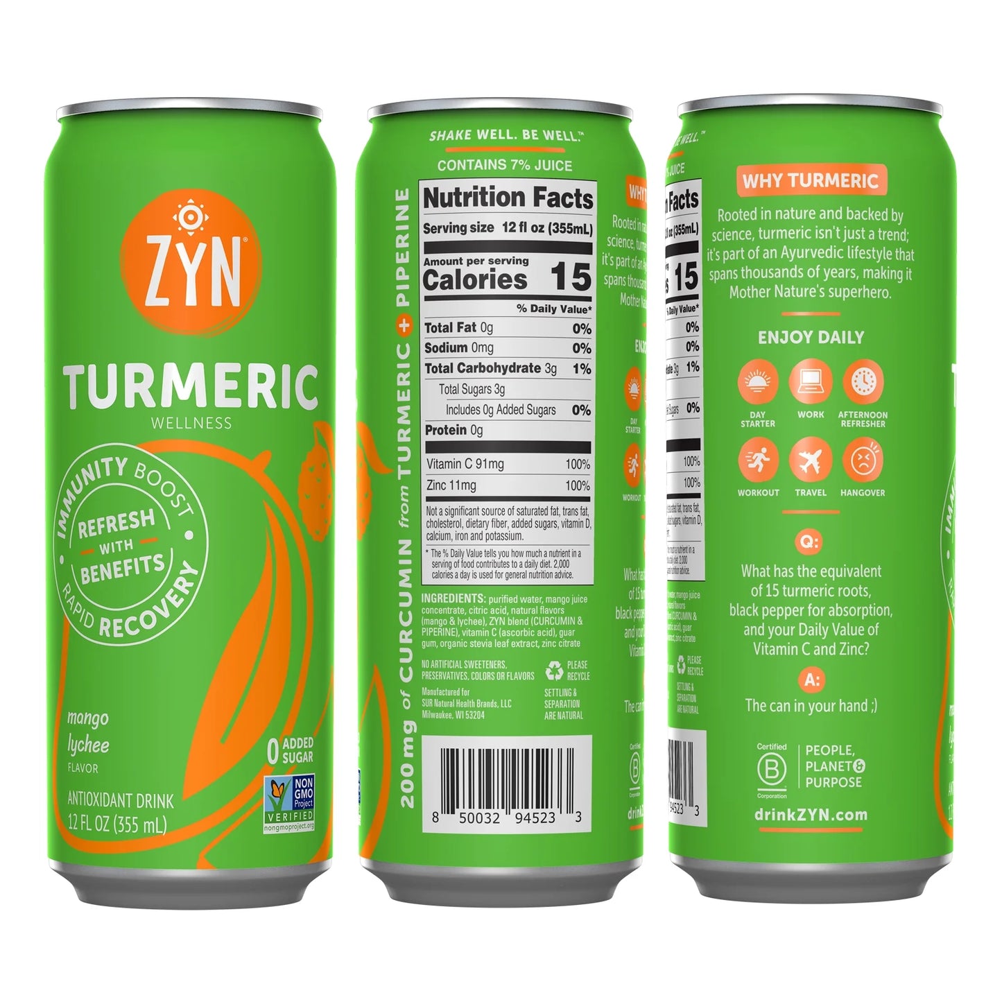 Zyn immunity & recovery turmeric wellness drinks - mango lychee (6 pack)