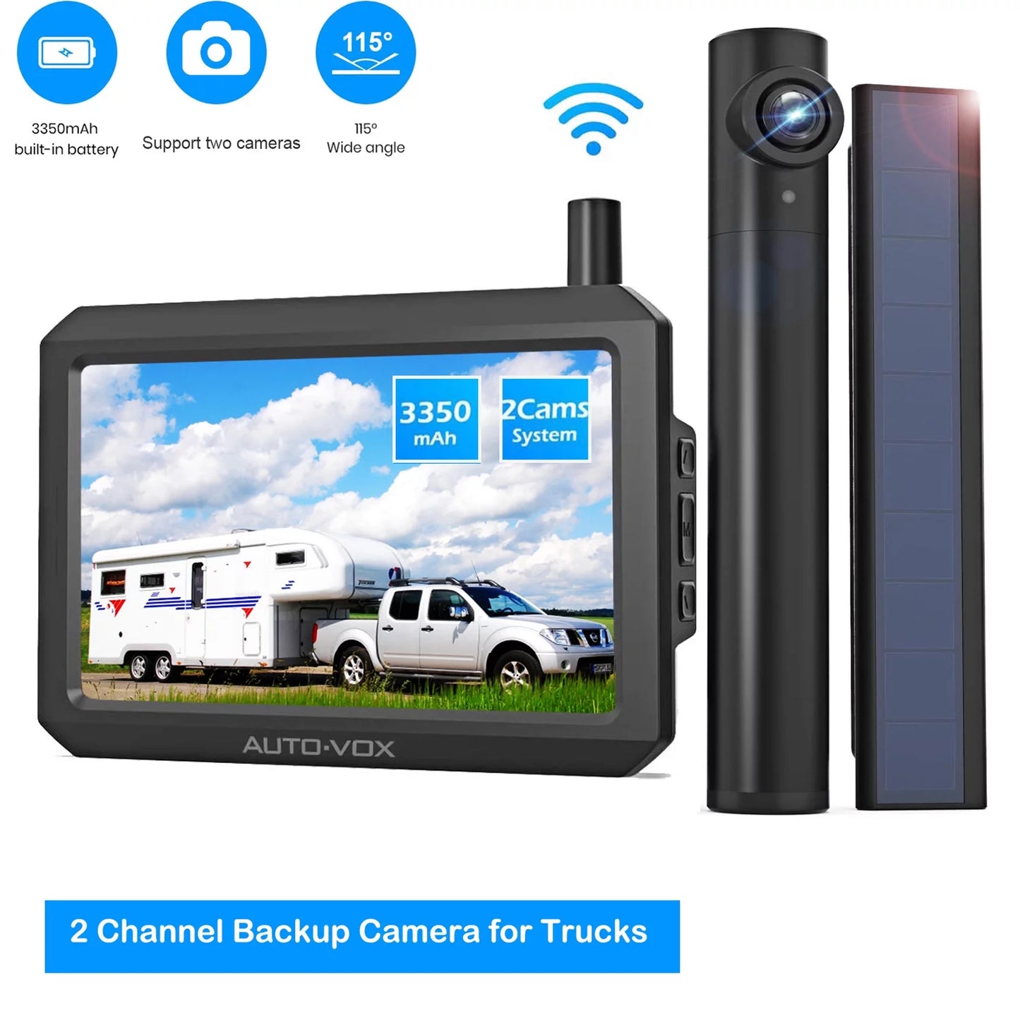 Auto-vox wireless backup camera with solar panel, trailer rear view camera highway observation system for trucks