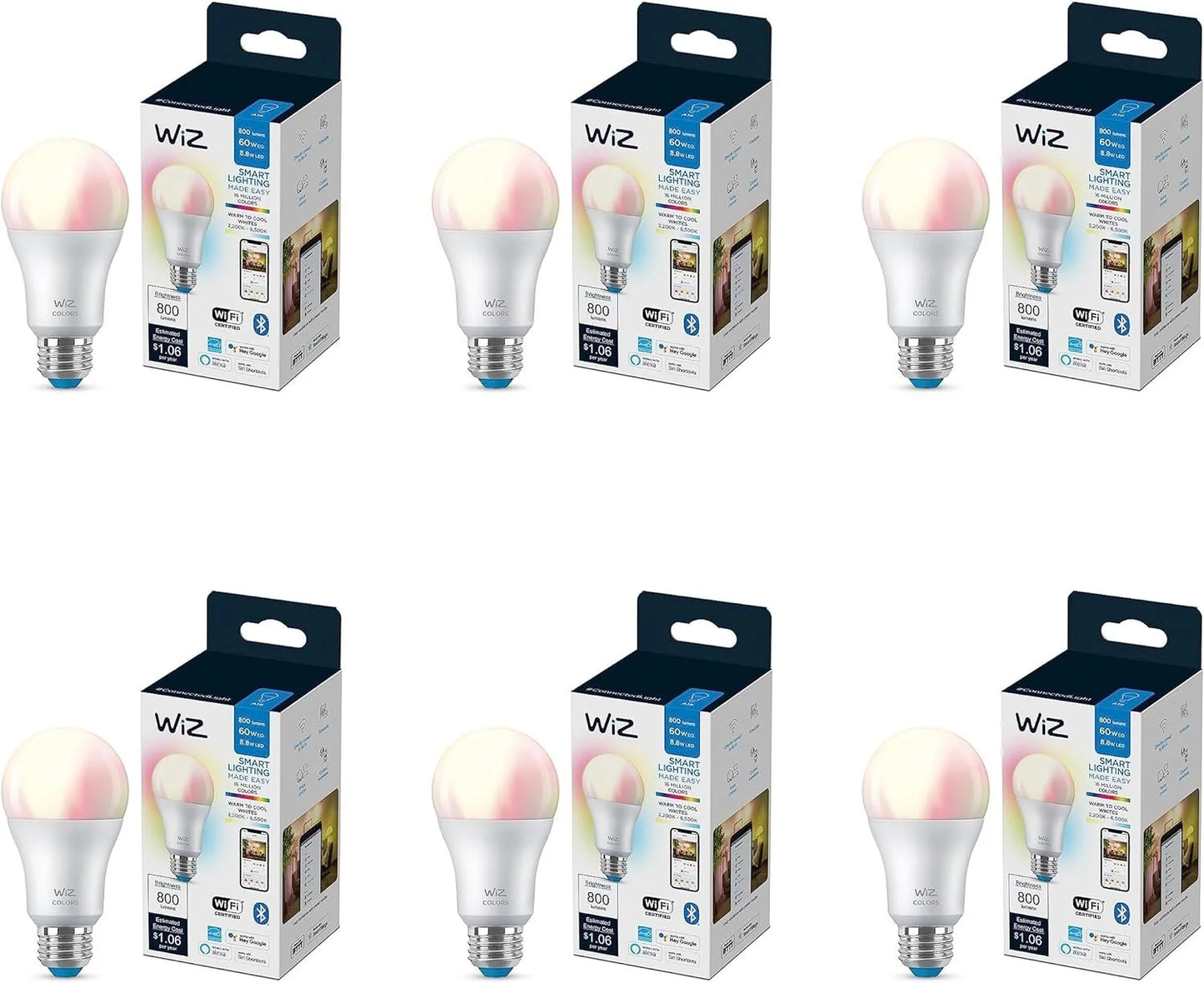 Wiz 60w a19 color led smart bulb - pack of 6 - e26- indoor - connects to your existing wi-fi - control with voice or app + activate with motion - matter compatible