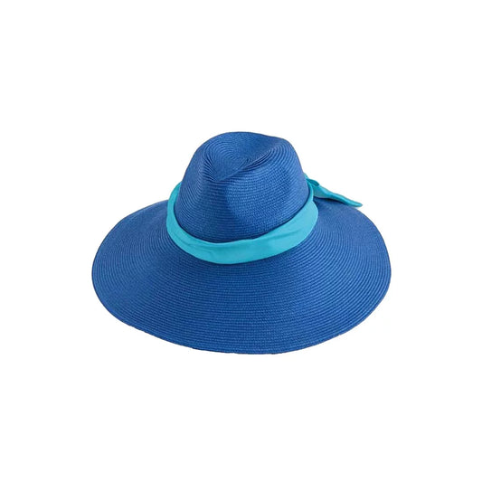 Big blue floppy hat with blue ribbon, one size