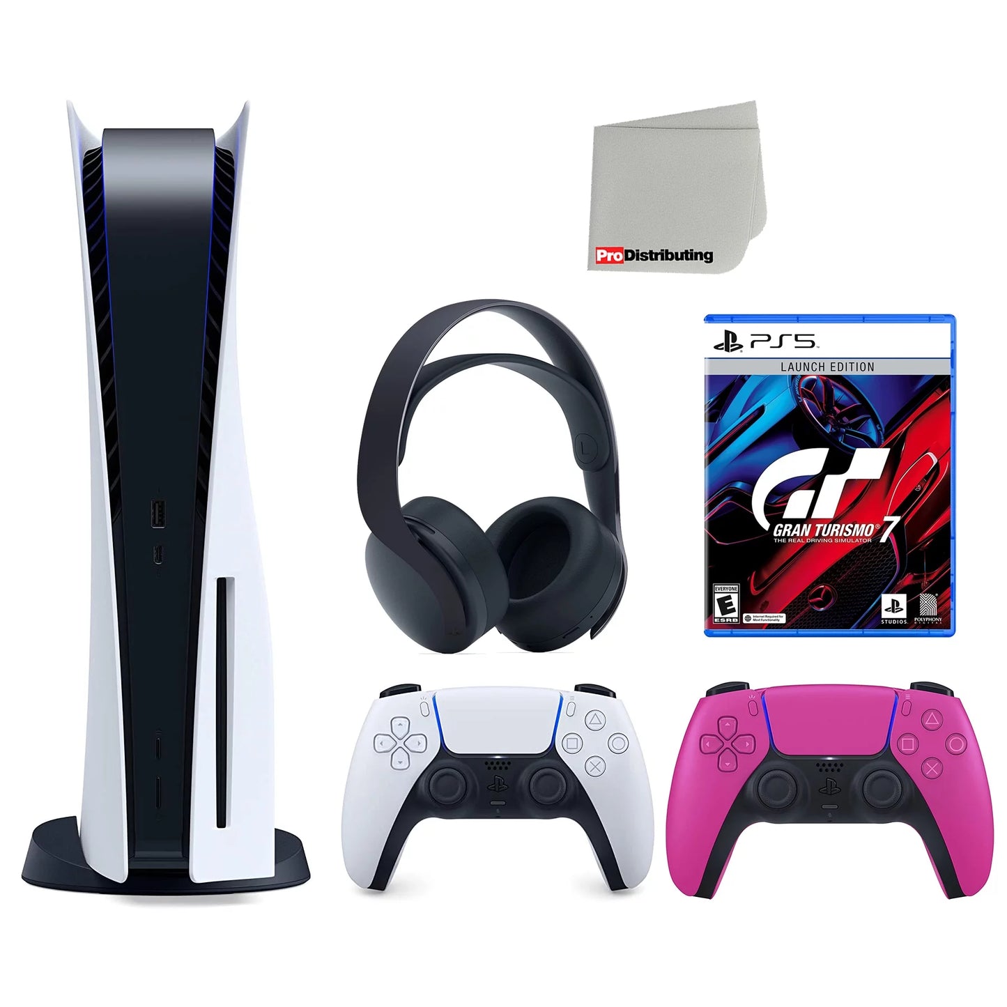 Sony playstation 5 disc (ps5 disc) with extra pink controller, gran turismo 7 launch edition and black pulse 3d headset bundle with cleaning cloth