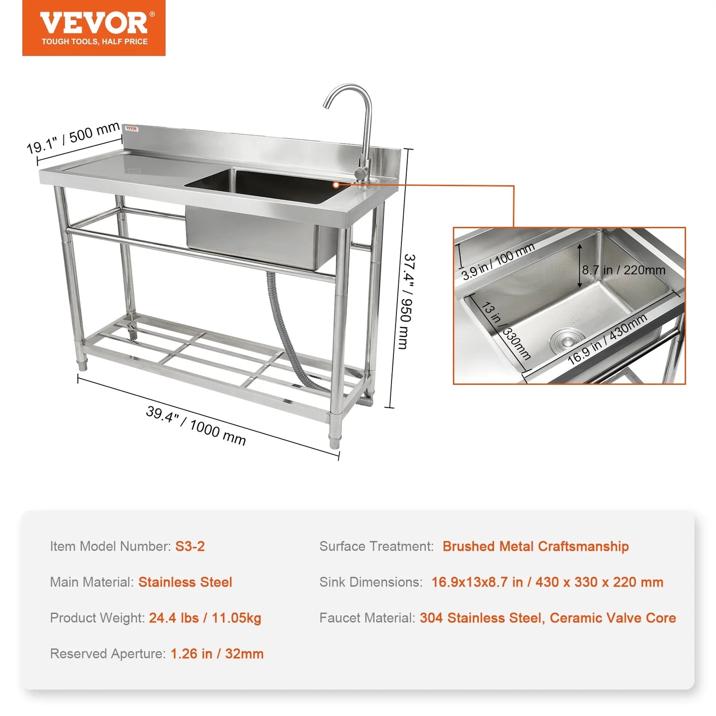 Bentism commercial utility & prep sink single bowl w/workbench 39.4 x 19.1 x 37.4 in