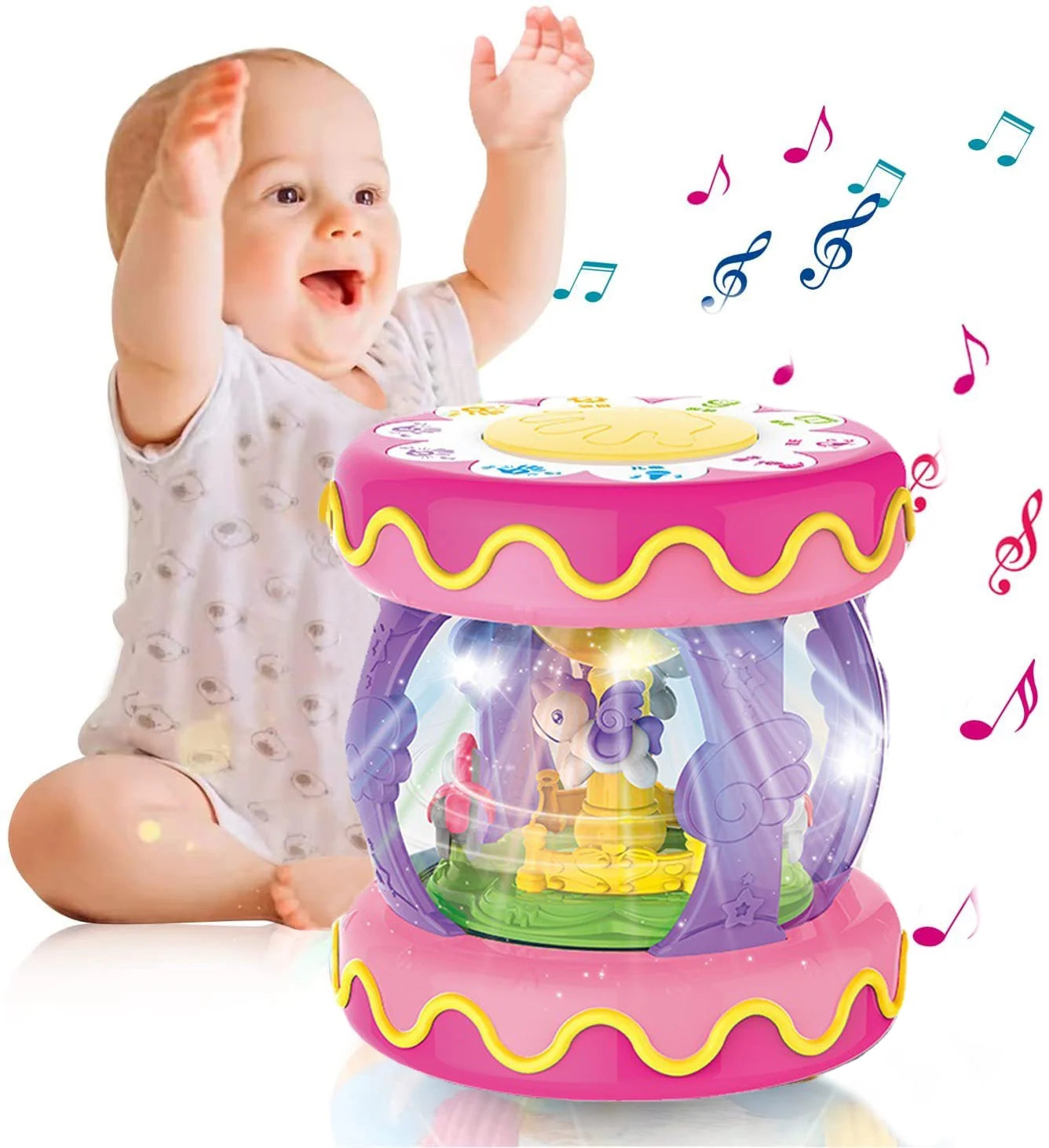 Toys for 1 year old girls, baby toys 6-12 months, rotating light up musical drum toys gift for toddler 1 year old