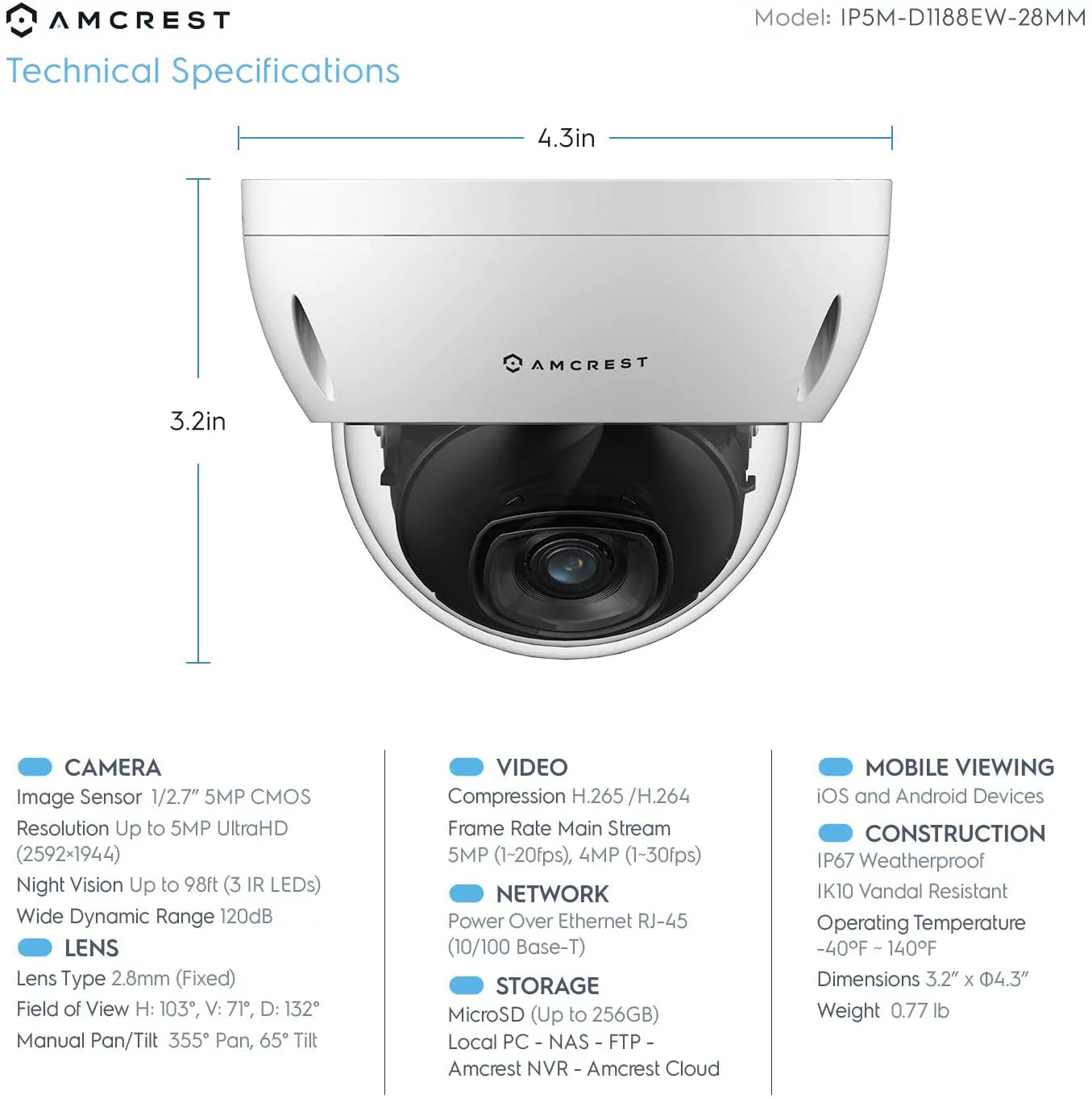 Amcrest 5mp poe camera, outdoor vandal dome security poe ip camera, 5-megapixel, 98ft. night vision, 2.8mm lens, ip67, ik10 resistance, cloud, nvr (ip5m-d1188ew-28mm)