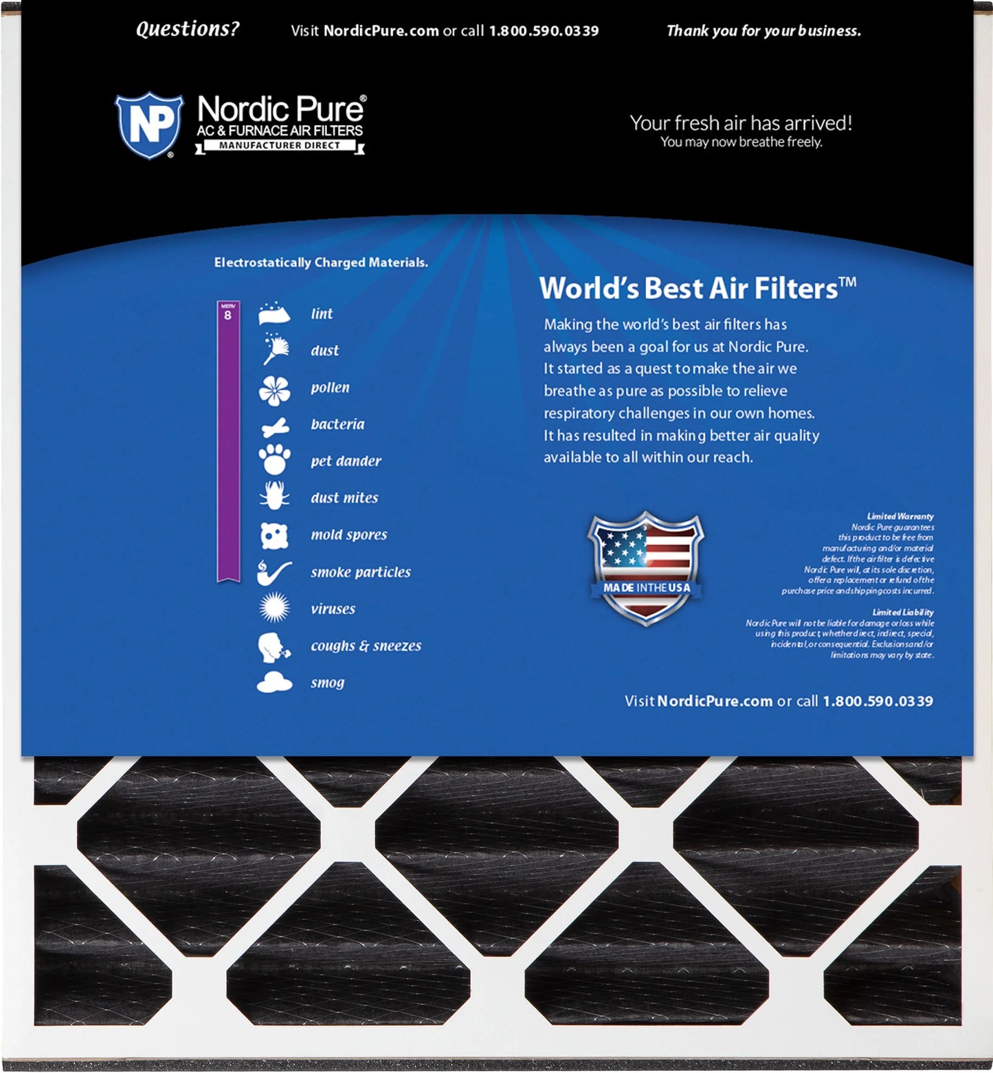 Air bear 20x25x5 replacement pure carbon odor reduction merv 8 air filter 1 pk