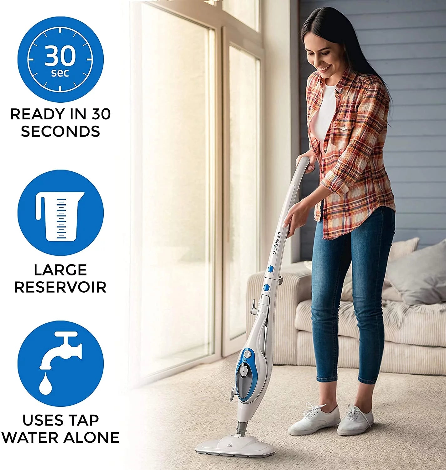 Steam mop cleaner 10-in-1 with convenient detachable handheld unit use on laminate, carpet