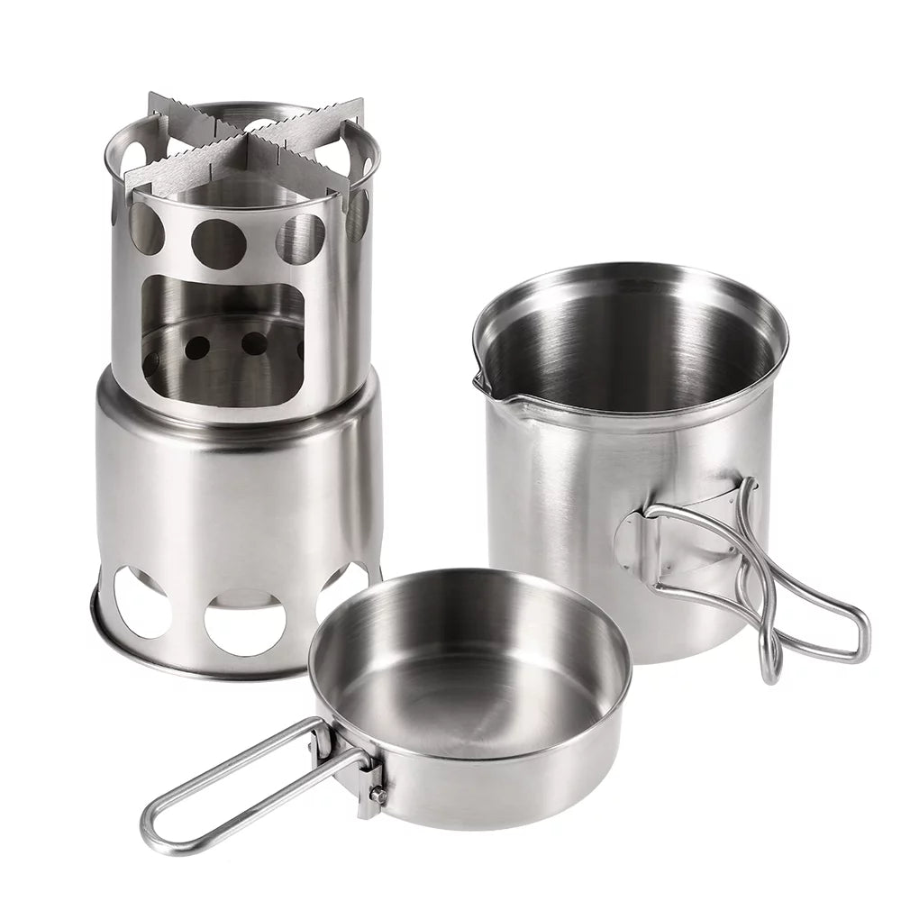 Tomshoo compact wood burning stove and cooking pot set, ideal for backpacking and activities