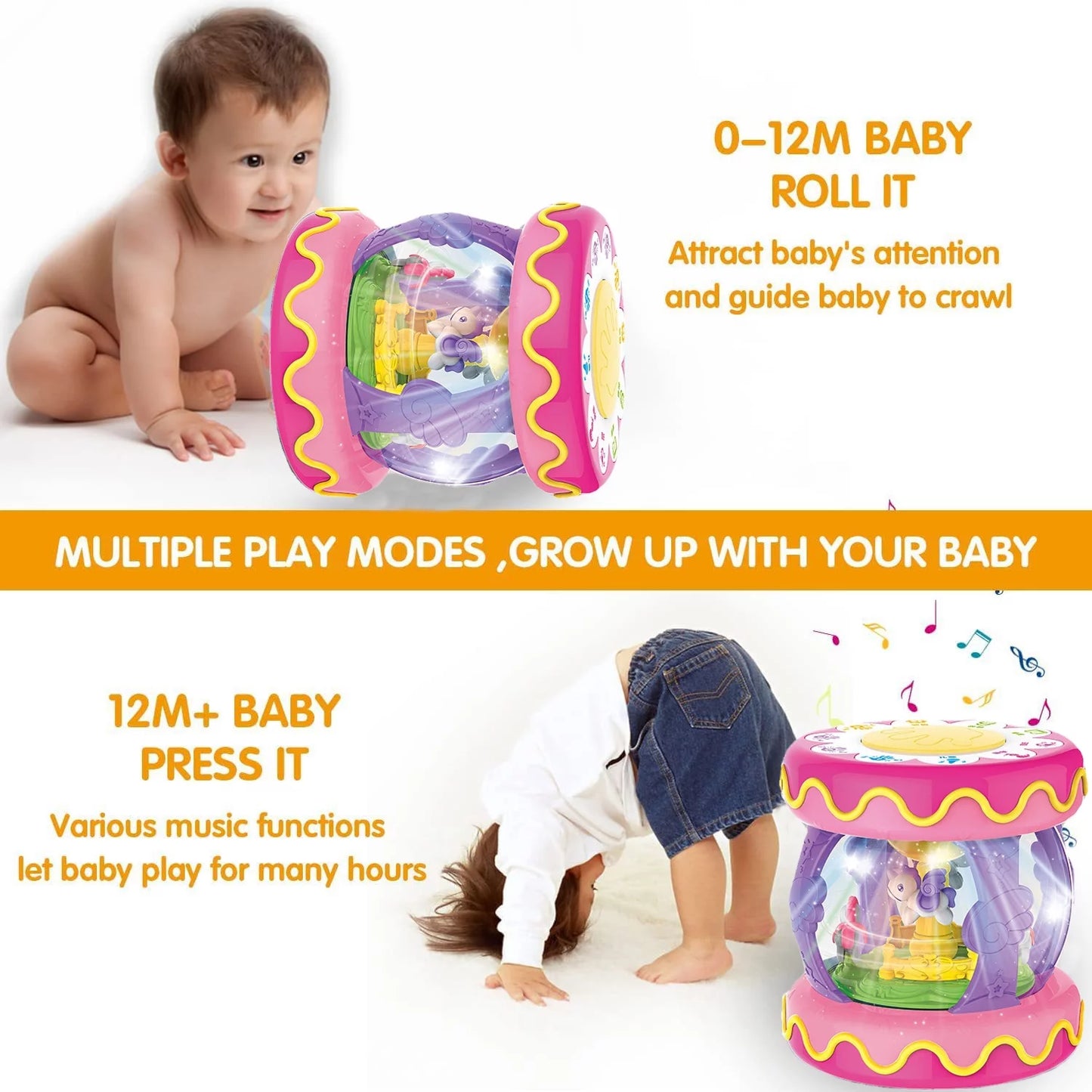 Toys for 1 year old girls, baby toys 6-12 months, rotating light up musical drum toys gift for toddler 1 year old