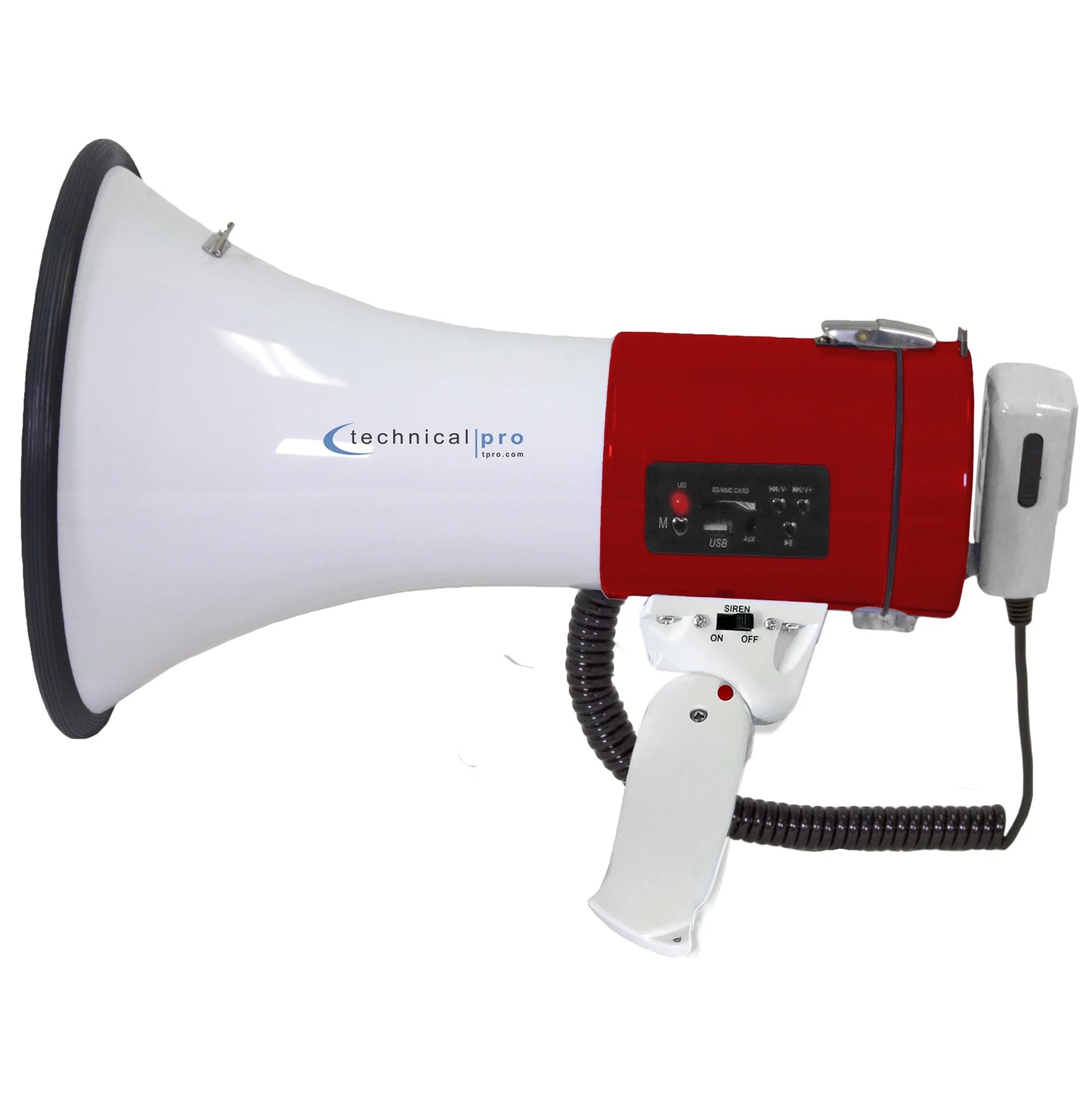 Technical pro red megaphone 75-watt siren bullhorn - bullhorn speaker w/detachable microphone, portable lightweight strap detachable pa - professional outdoor voice for police and cheer leading