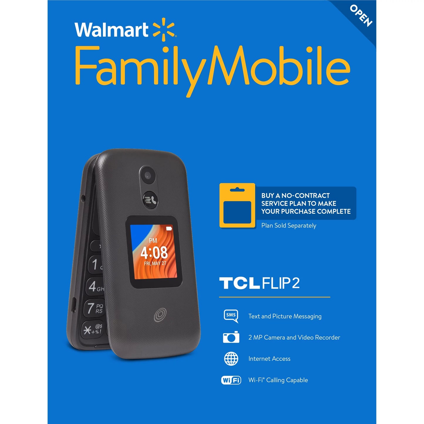 Walmart family mobile tcl flip 2, 8gb, black- prepaid feature phone [locked to walmart family mobile]