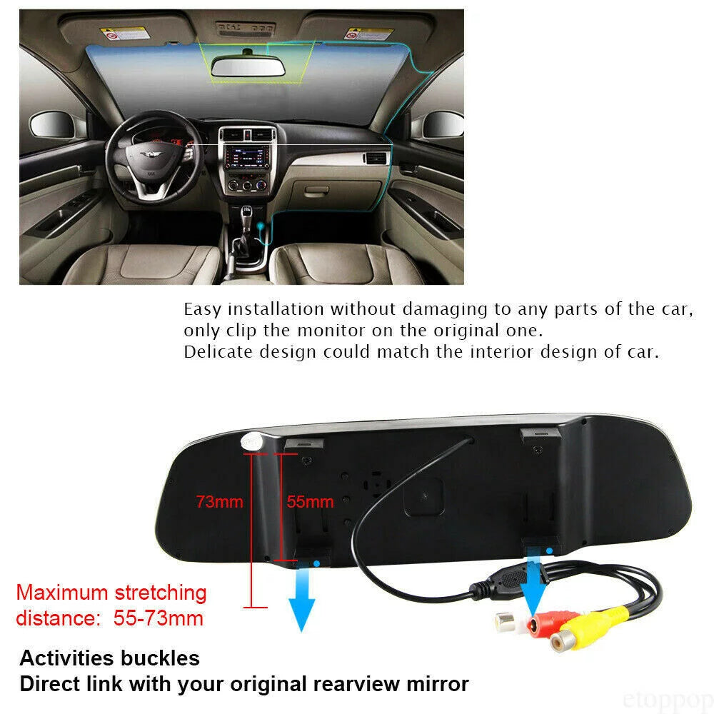 4.3" backup camera mirror car rear view reverse night vision parking system kit