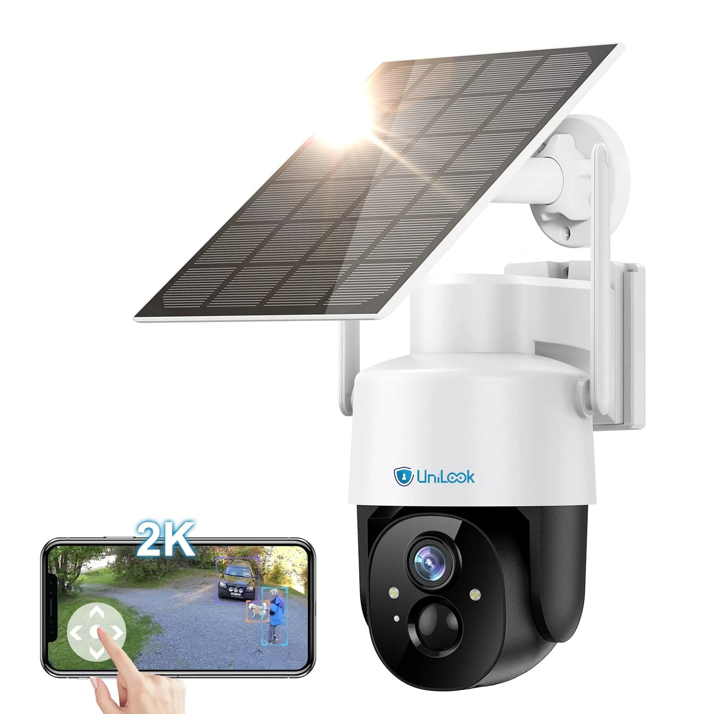 Unilook solar security wifi camera outdoor, 2k wireless battery ptz camera, ip65 waterproof rechargeable works with alexa