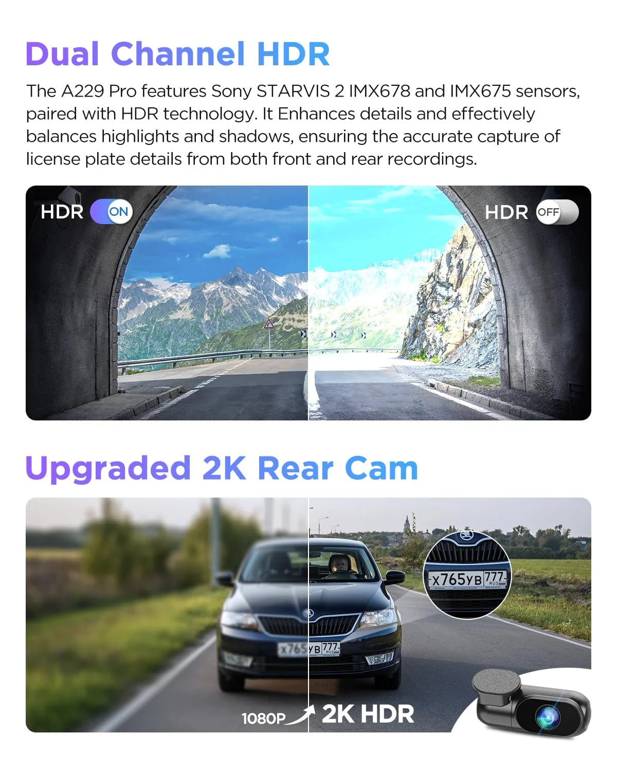 Viofo a229 pro 2ch dashcam with gps, dual starvis 2 imx678 imx675 4k+2k front & rear car camera 2 lb