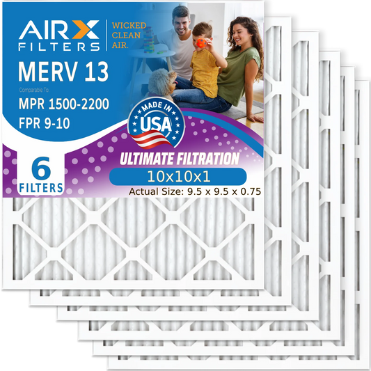 10x10x1 air filter merv 13 comparable to mpr 1500 - 2200 & fpr 9 electrostatic pleated air conditioner filter 6 pack hvac ac premium usa made 10x10x1 furnace filters by airx filters wicked clean air.