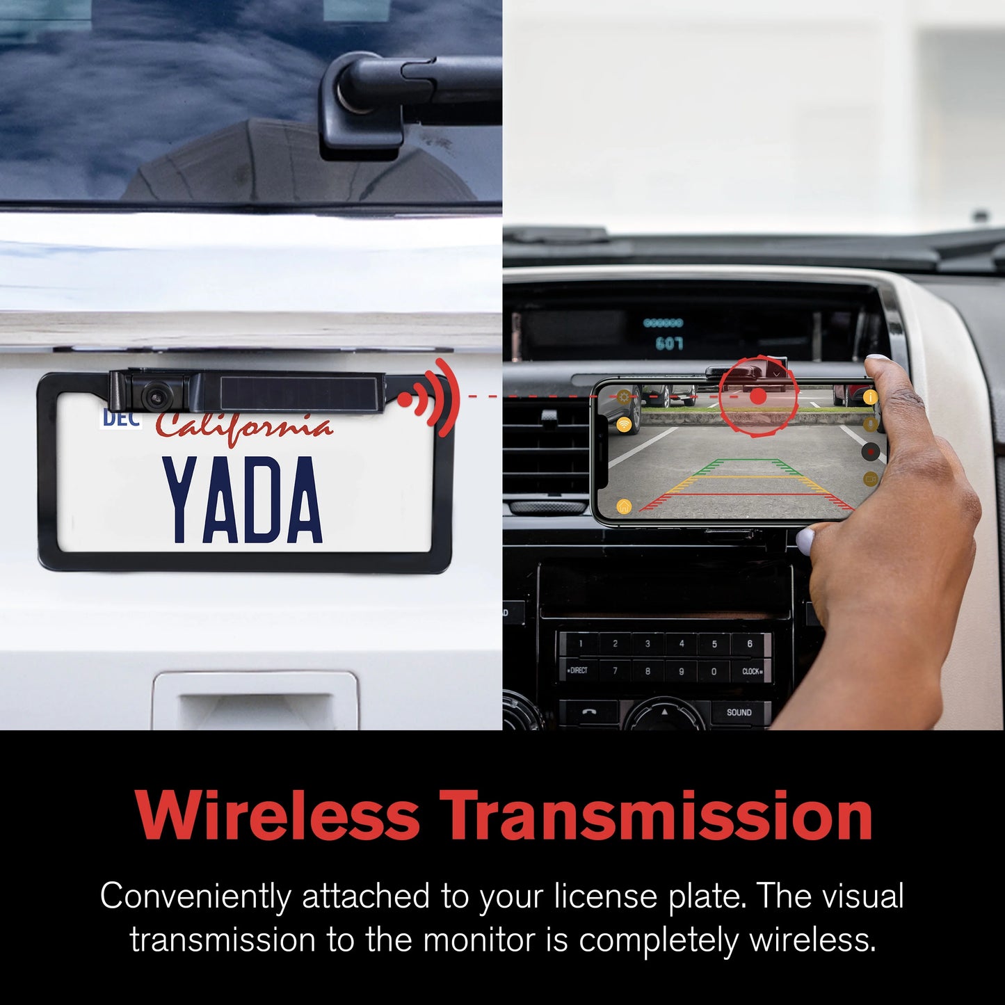 Yada 1080p full hd wireless portable backup camera, app controlled via bluetooth and wi-fi on phone, solar powered wireless charging, universally compatible, easy installation, black