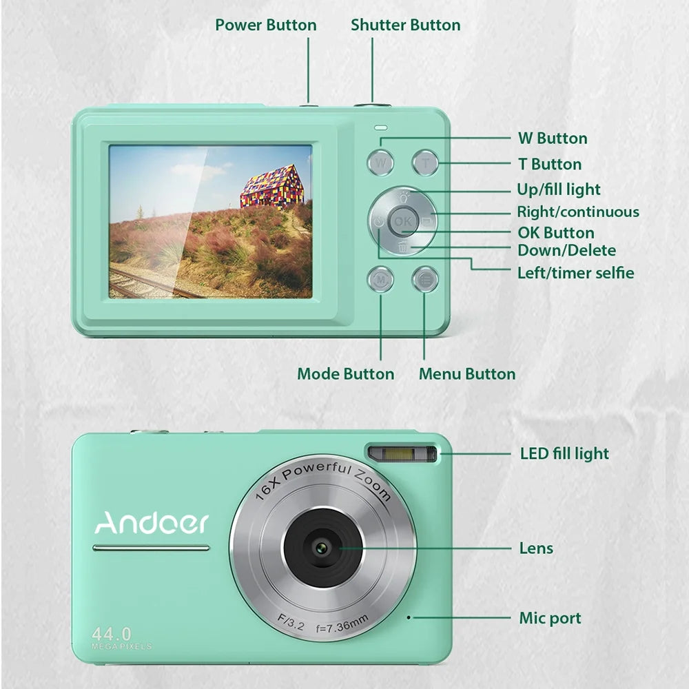 Andoer portable 1080p digital video camcorder 44mp auto focus 2.5 ips screen 16x digital zoom -shake face detect smile capture with 32gb memory 2pcs batteries christmas gift for teens