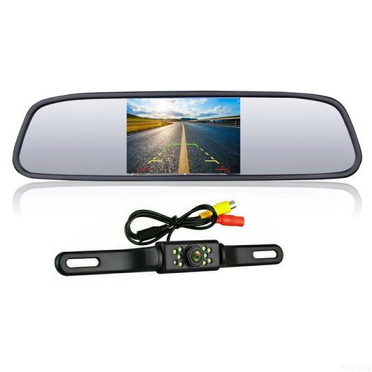 4.3" backup camera mirror car rear view reverse night vision parking system kit