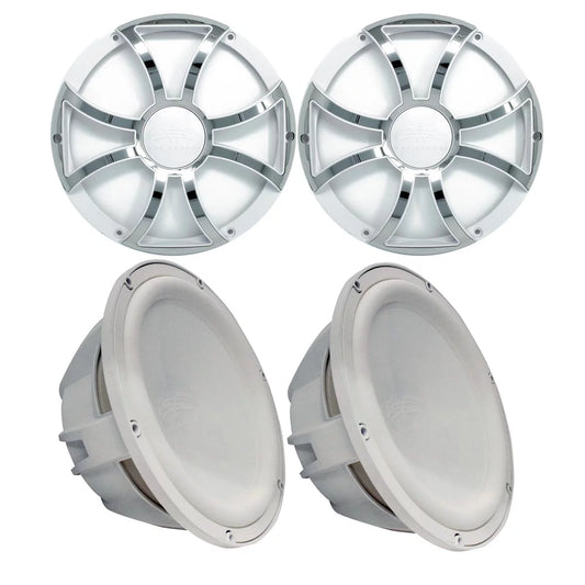 Two wet sounds revo 10" subwoofers & grills - white subwoofers & white grills with stainless steel inserts - 2 ohm