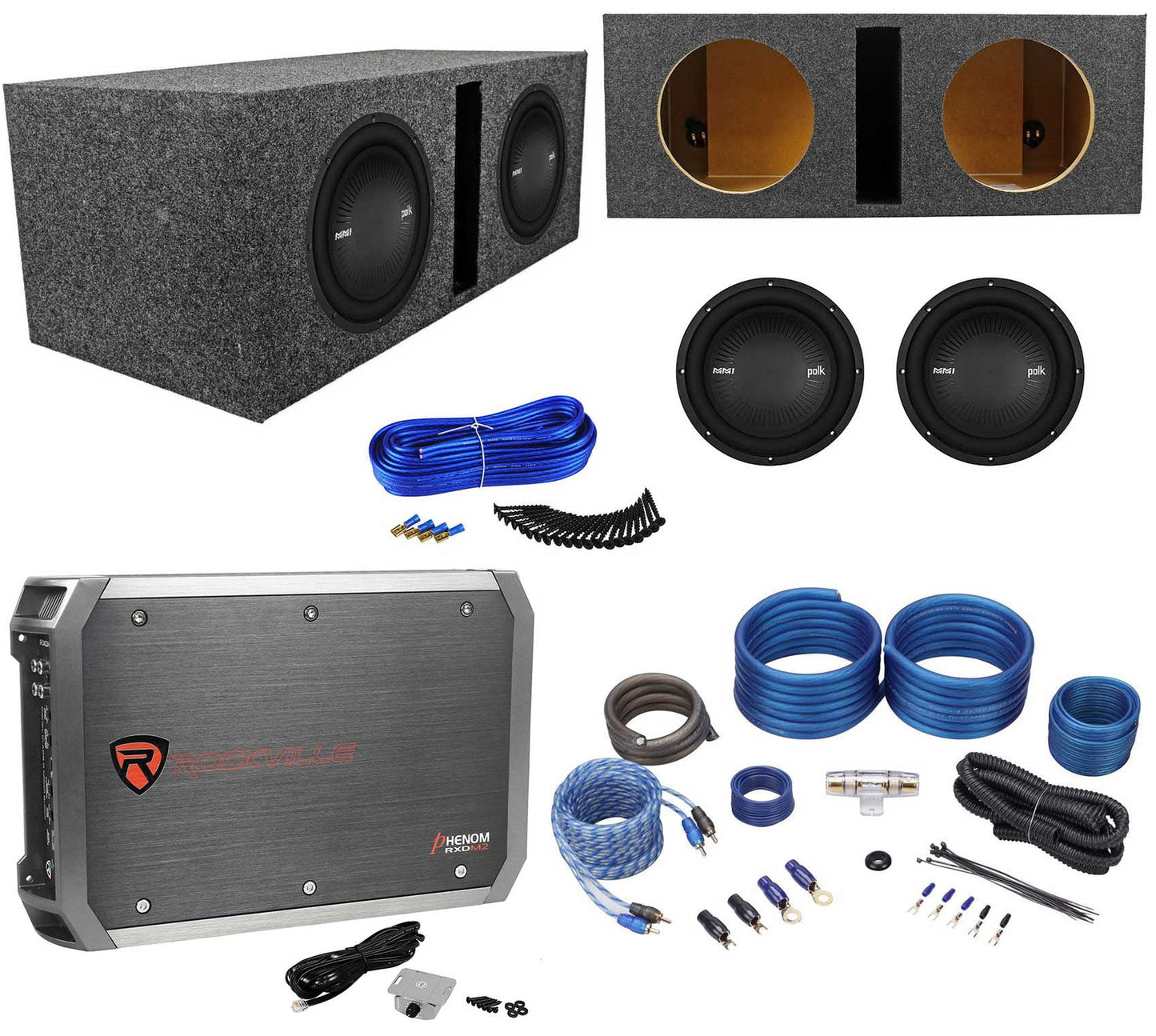 2) polk audio mm1042dvc 10” 2400w subwoofers+vented sub box+mono amplifier+wires